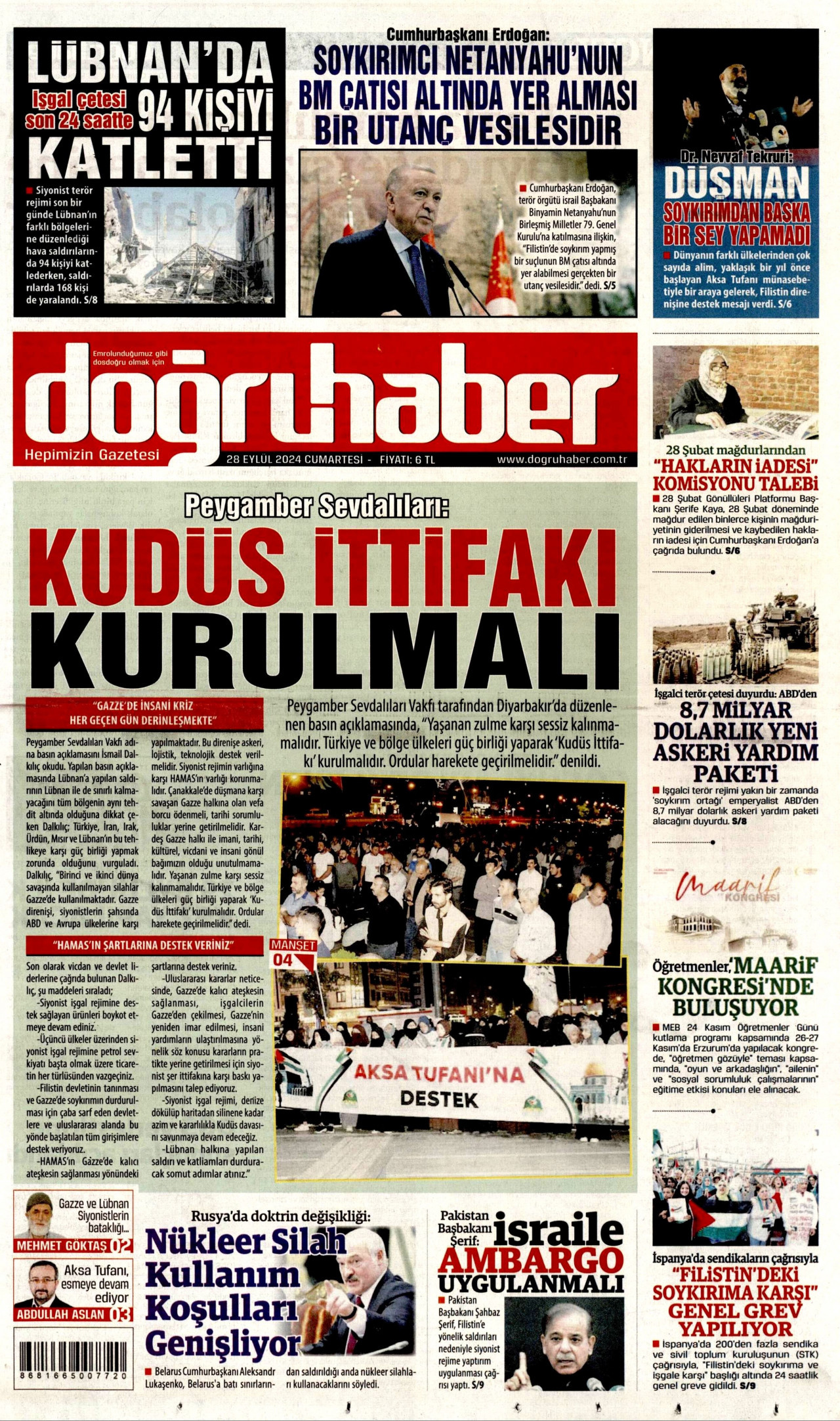 DOĞRU HABER gazetesinin 28 Eylül 2024 tarihli birinci sayfası
