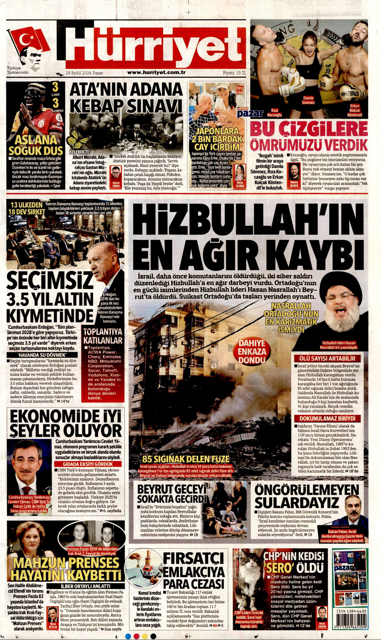 HÜRRİYET gazetesinin 29 Eylül 2024 tarihli birinci sayfası