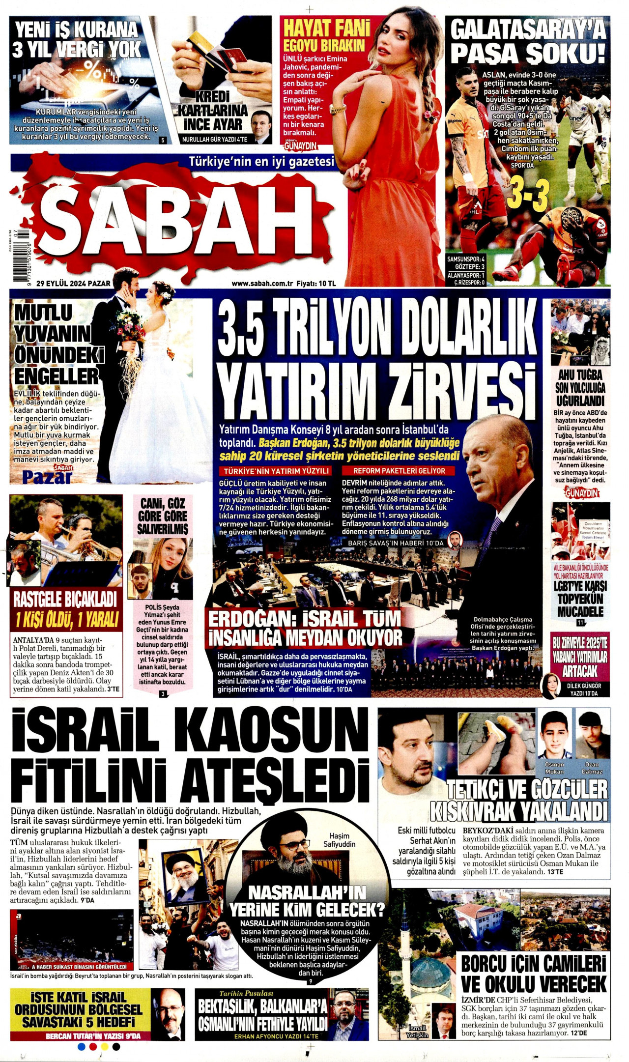 SABAH gazetesinin 29 Eylül 2024 tarihli birinci sayfası