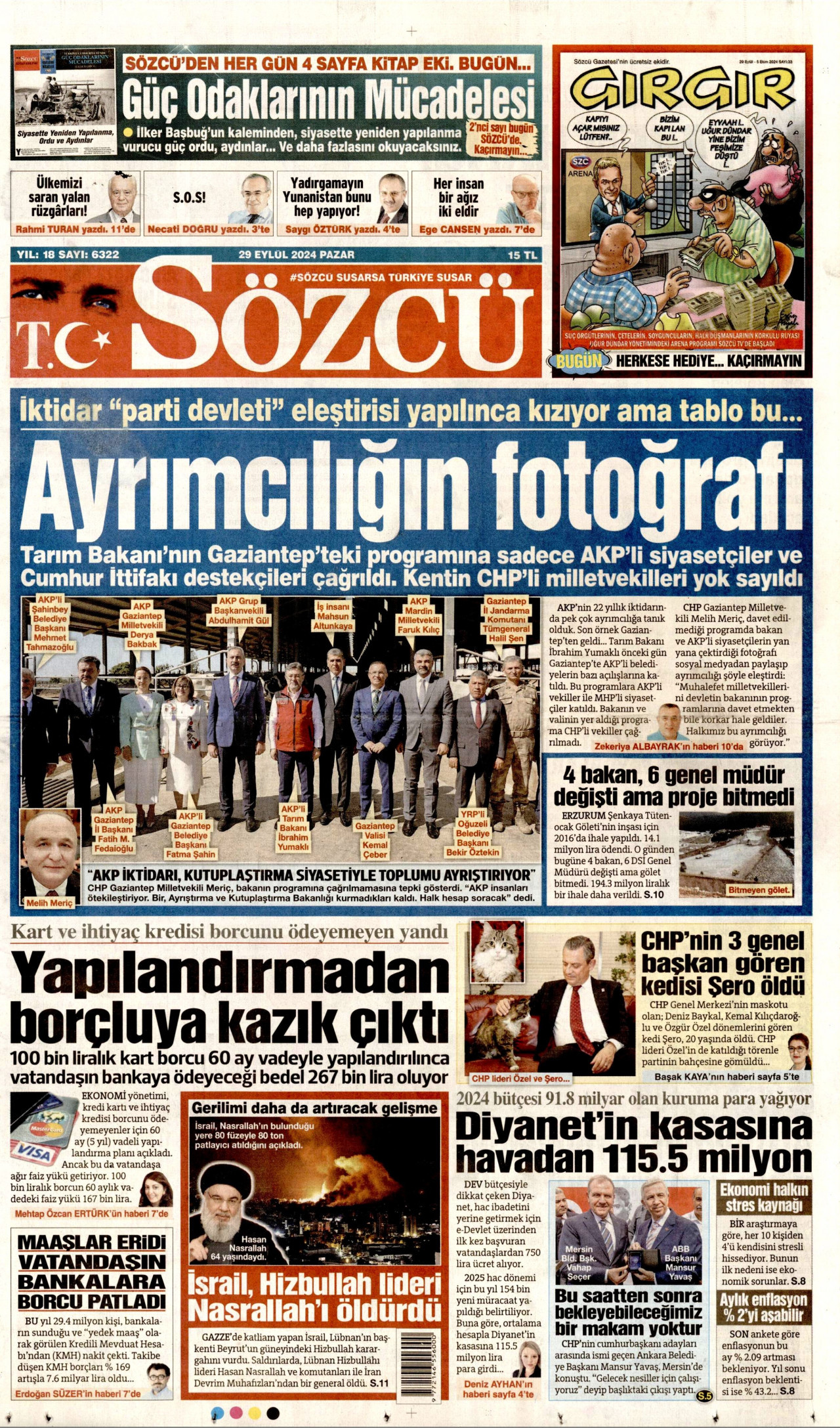 SÖZCÜ gazetesinin 29 Eylül 2024 tarihli birinci sayfası