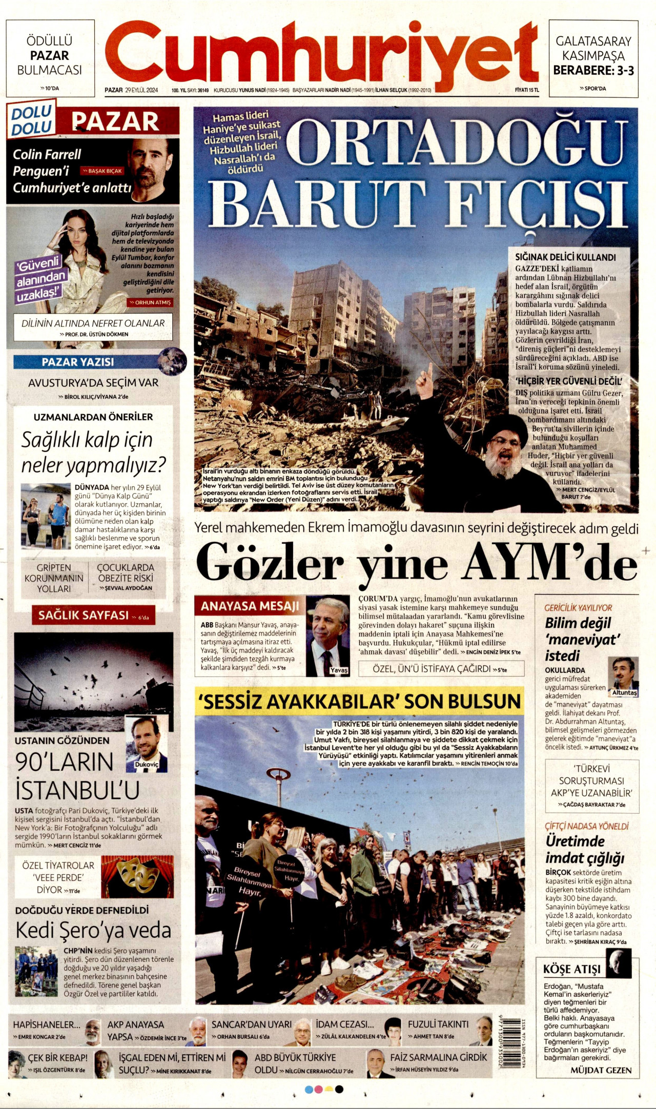 CUMHURİYET gazetesinin 29 Eylül 2024 tarihli birinci sayfası