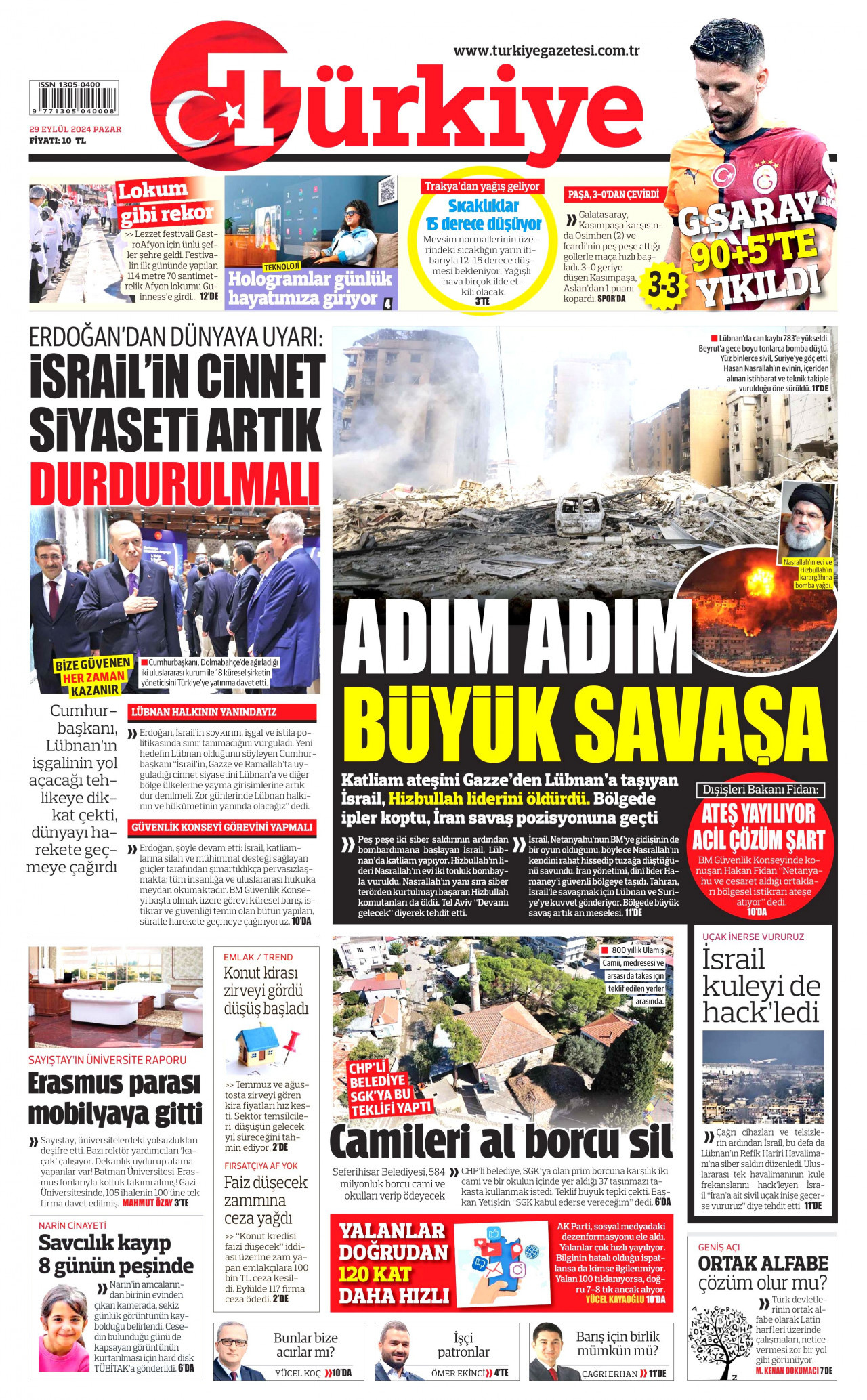 TÜRKİYE GAZETESİ gazetesinin 29 Eylül 2024 tarihli birinci sayfası