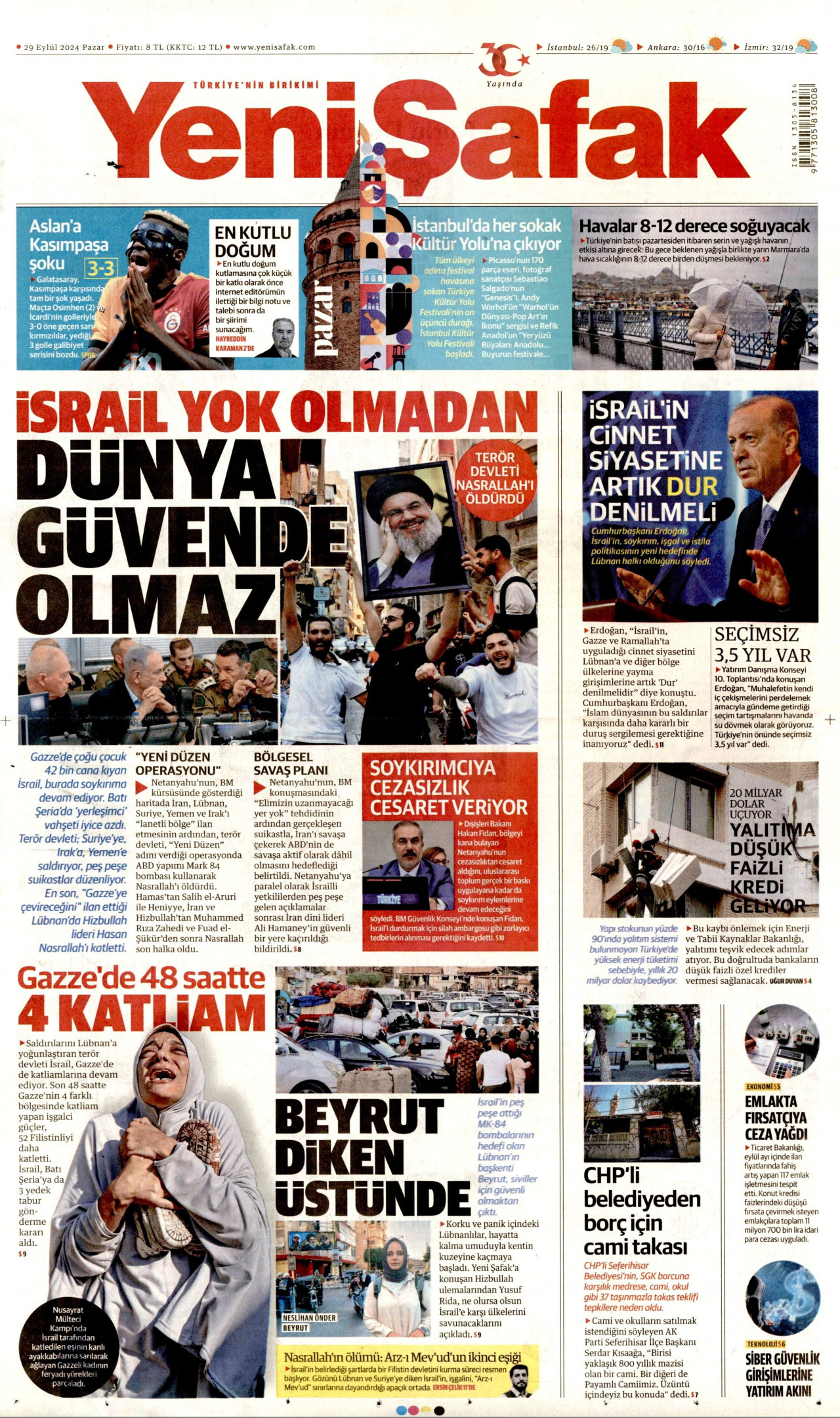 YENİ ŞAFAK gazetesinin 29 Eylül 2024 tarihli birinci sayfası