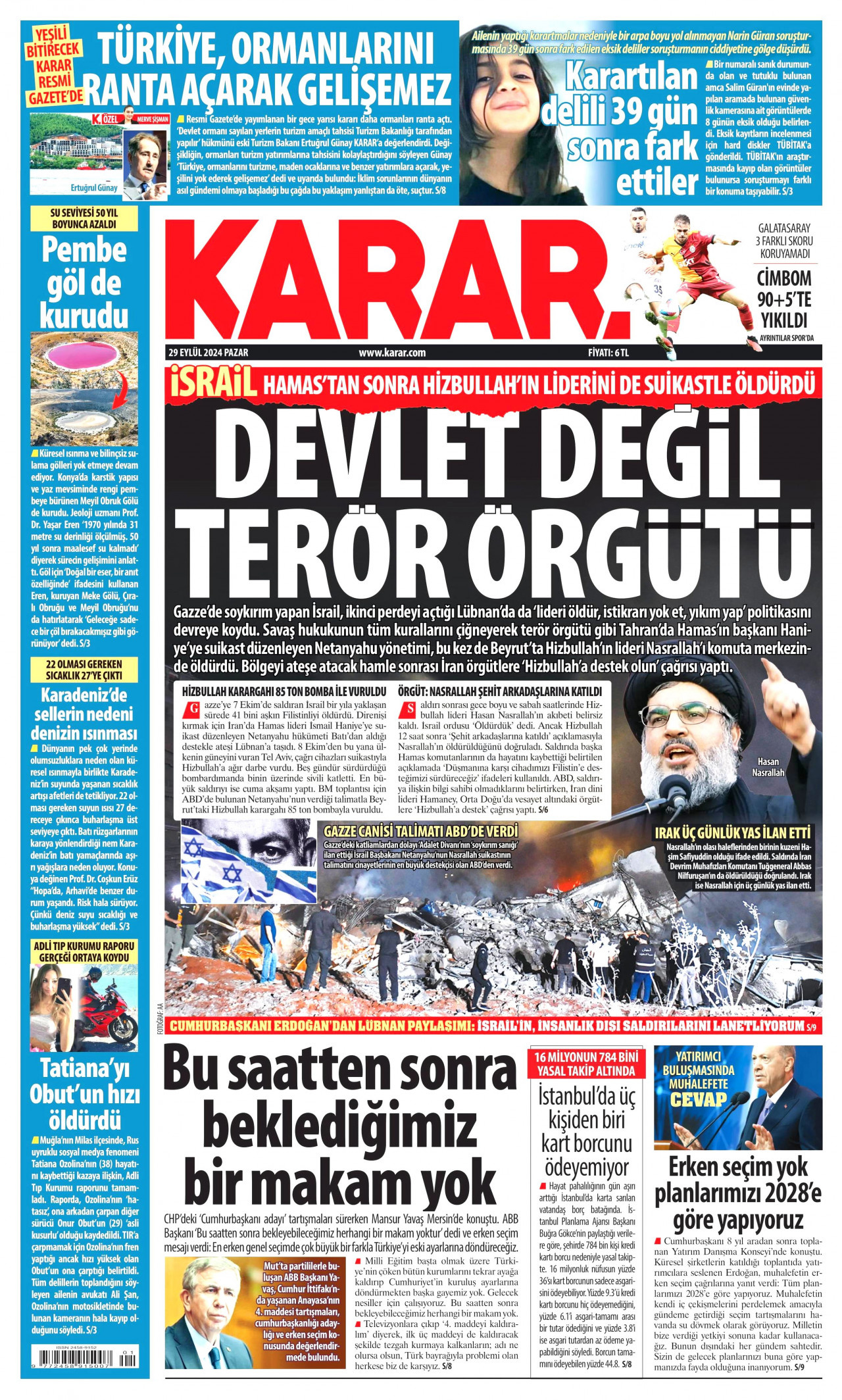 KARAR gazetesinin 29 Eylül 2024 tarihli birinci sayfası