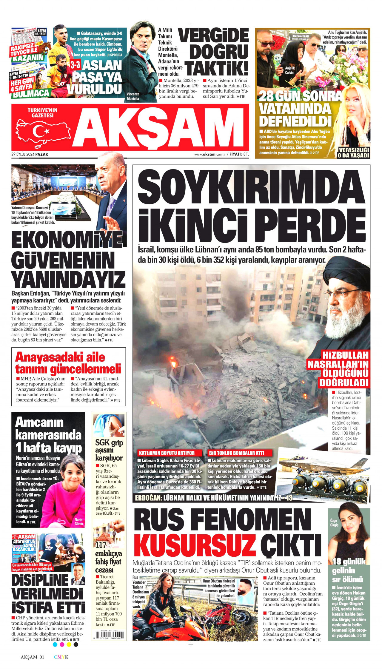 AKŞAM gazetesinin 29 Eylül 2024 tarihli birinci sayfası