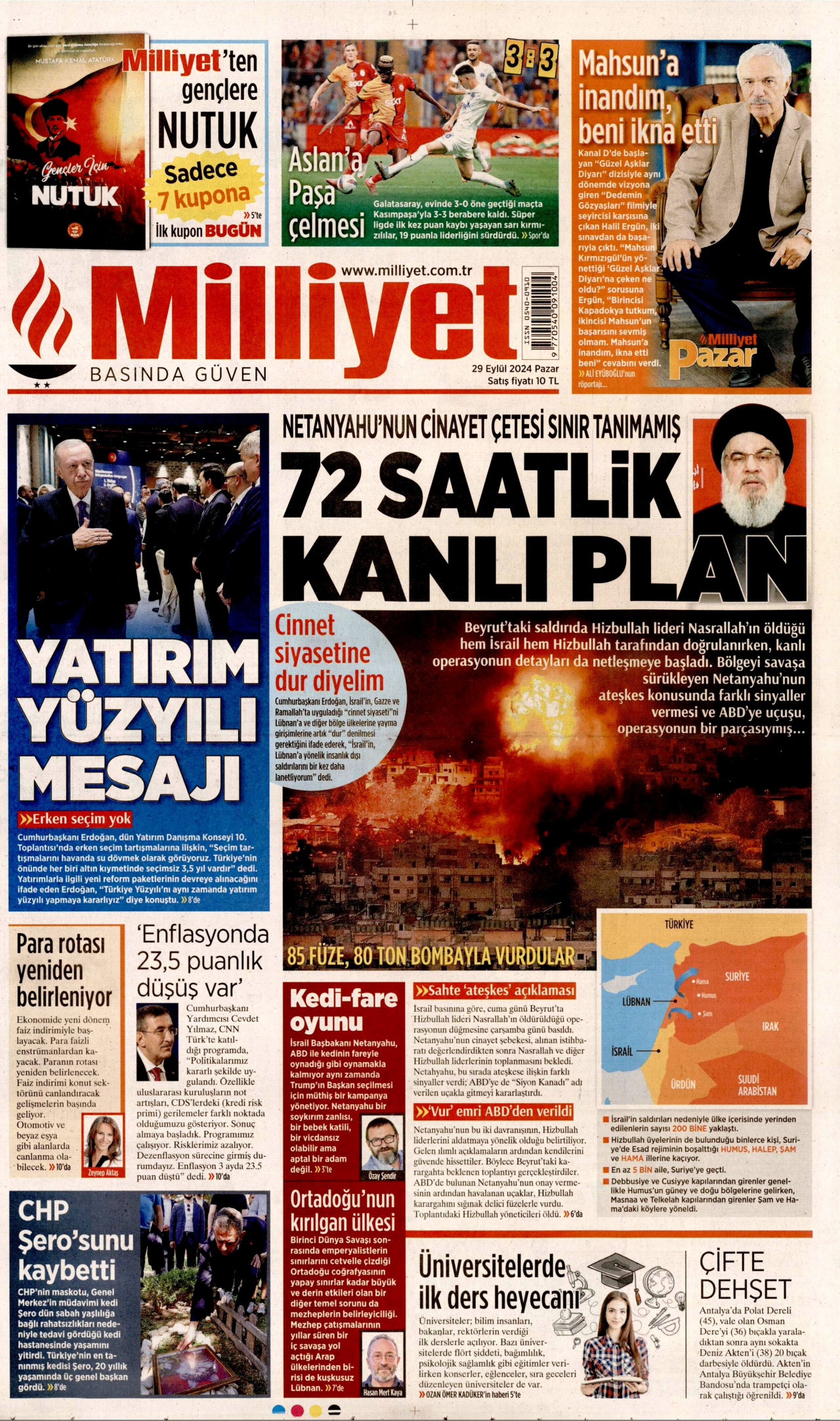 MİLLİYET gazetesinin 29 Eylül 2024 tarihli birinci sayfası