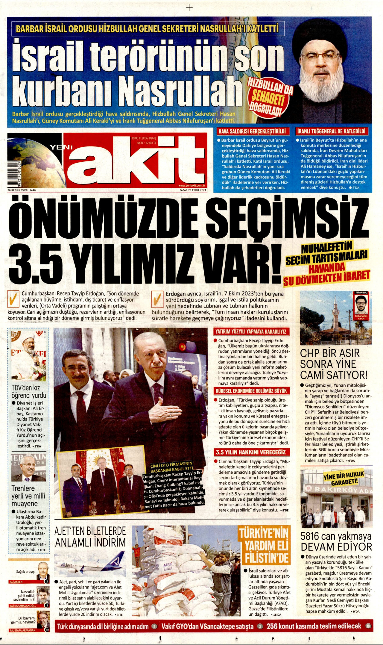 YENİ AKİT gazetesinin 29 Eylül 2024 tarihli birinci sayfası