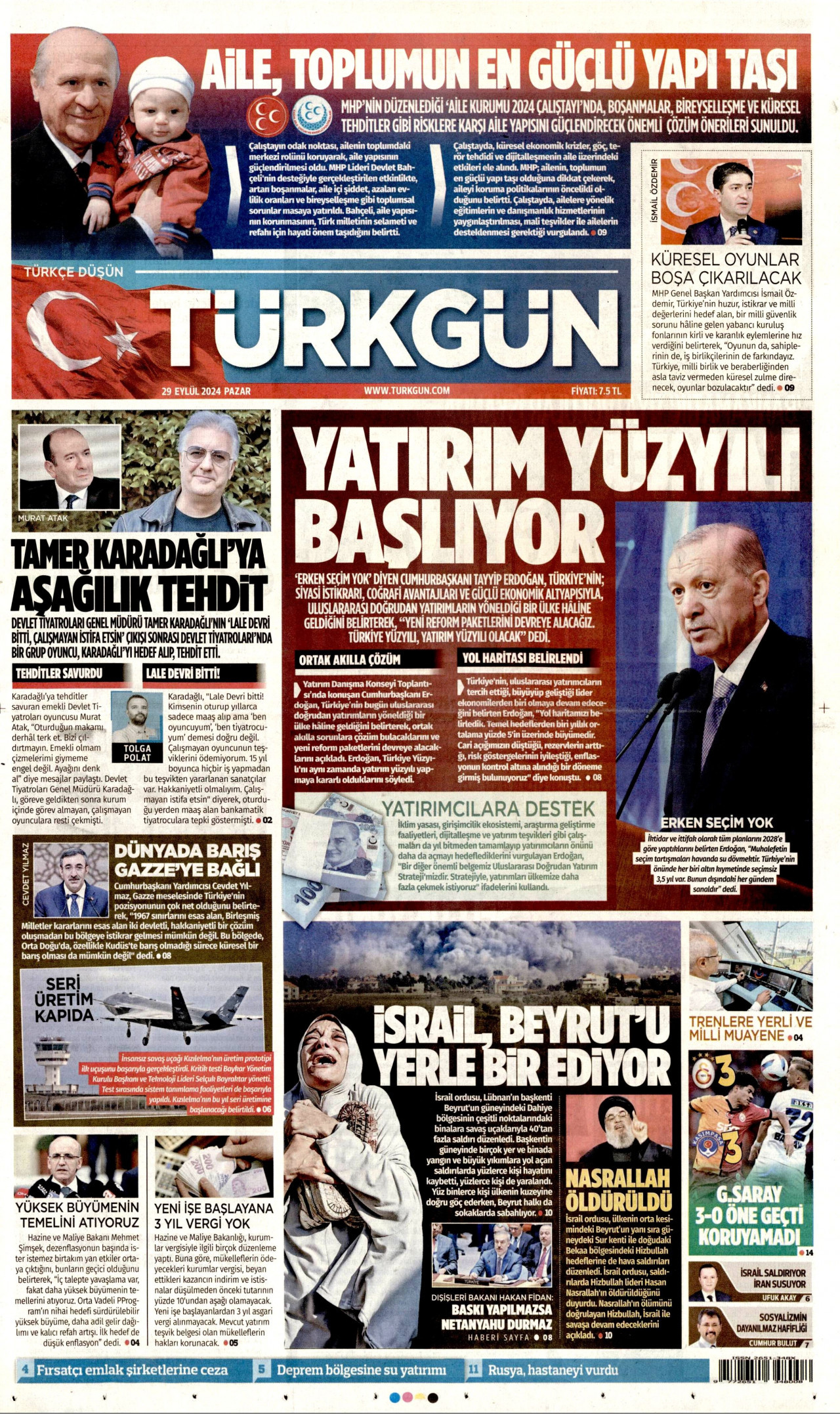 TÜRKGÜN gazetesinin 29 Eylül 2024 tarihli birinci sayfası