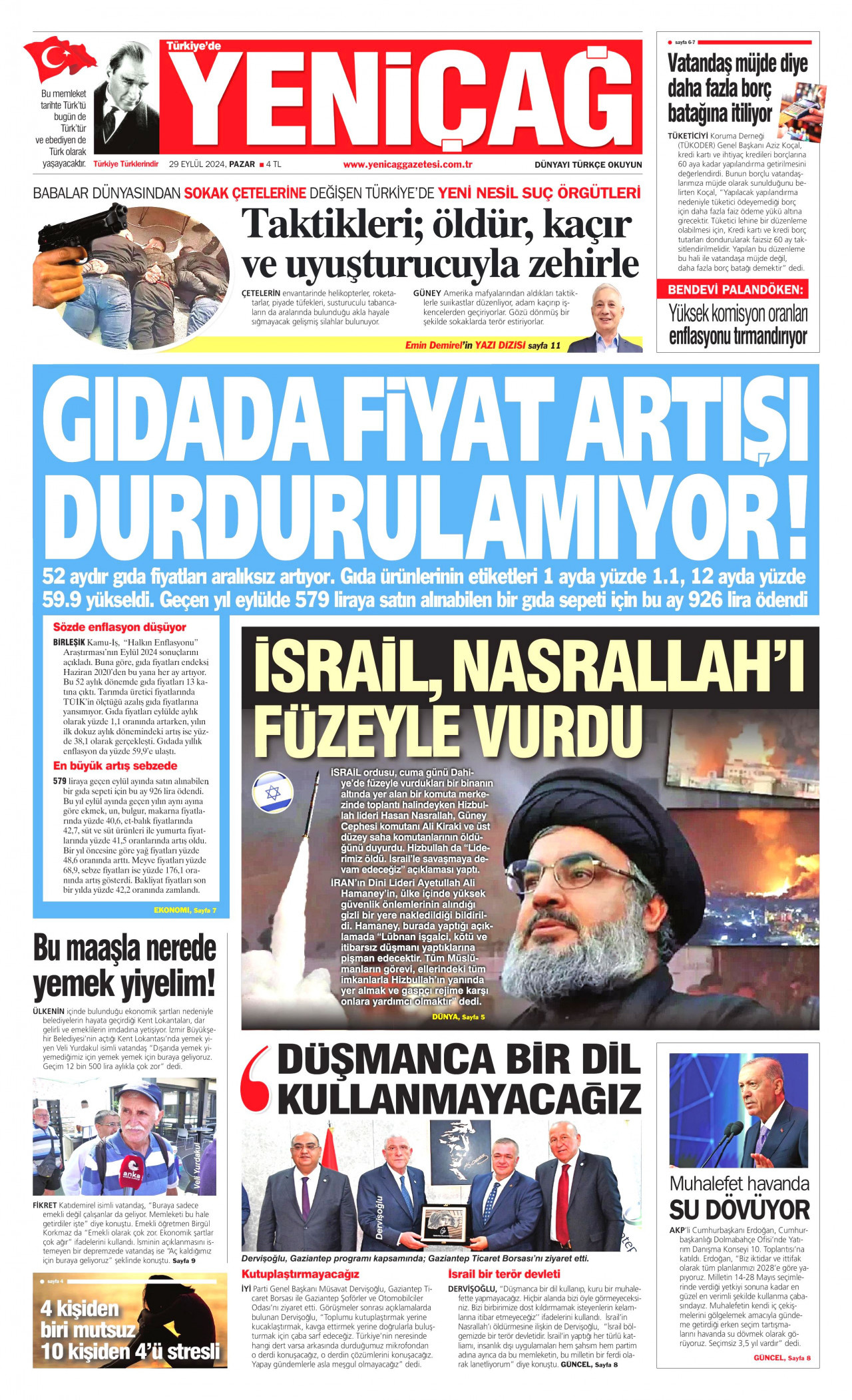 YENİÇAĞ gazetesinin 29 Eylül 2024 tarihli birinci sayfası