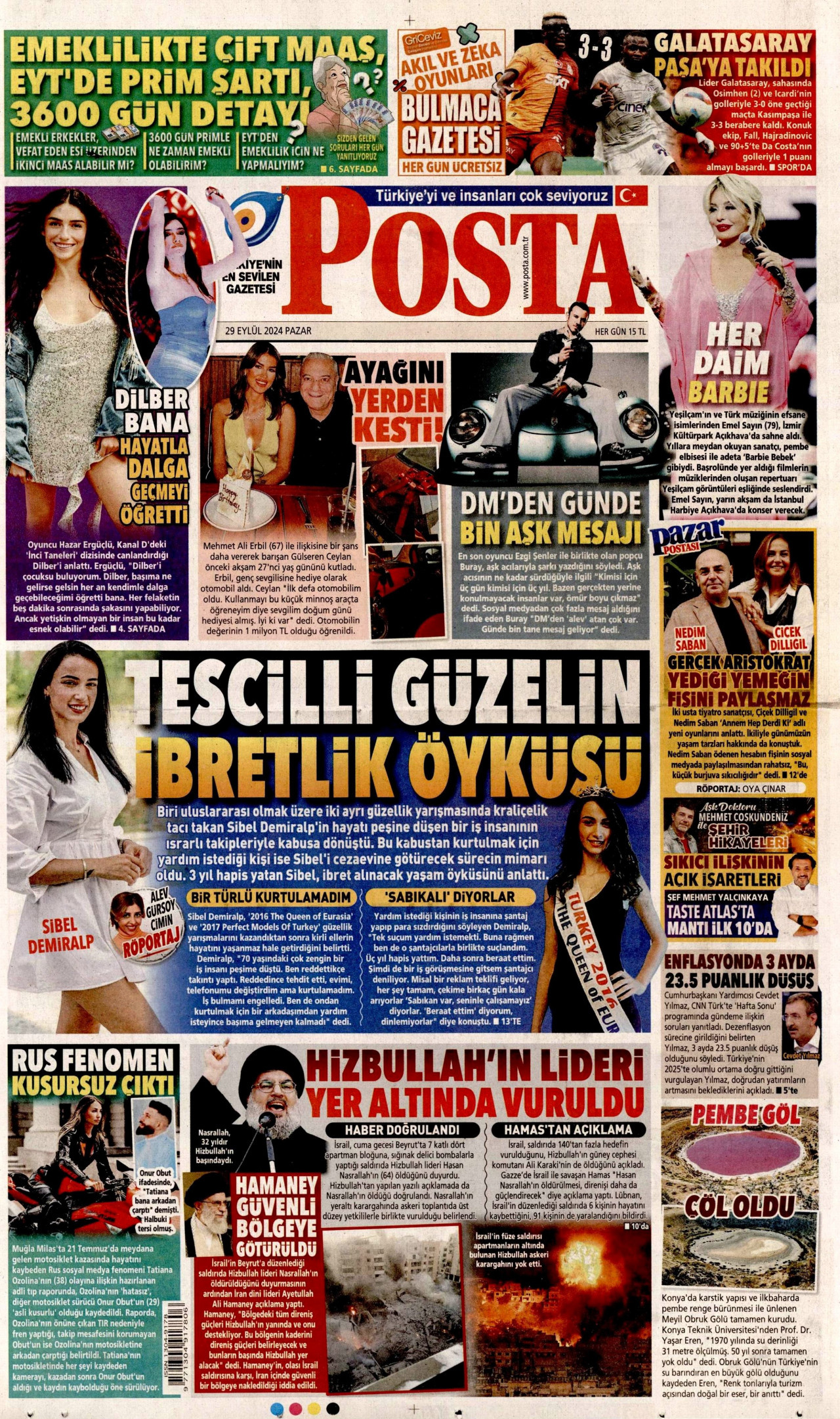 POSTA gazetesinin 29 Eylül 2024 tarihli birinci sayfası