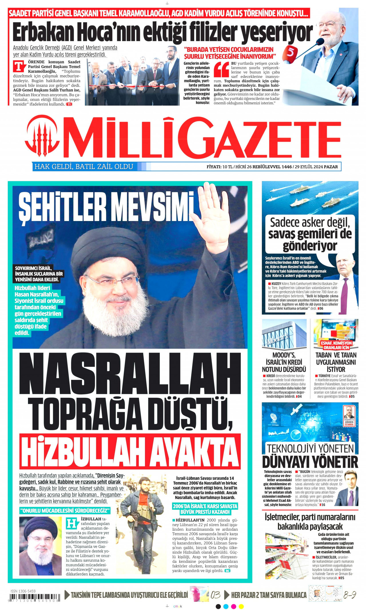 MİLLİ GAZETE gazetesinin 29 Eylül 2024 tarihli birinci sayfası