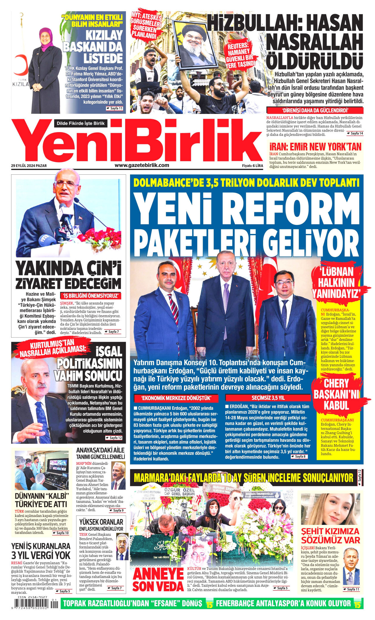 YENİBİRLİK gazetesinin 29 Eylül 2024 tarihli birinci sayfası