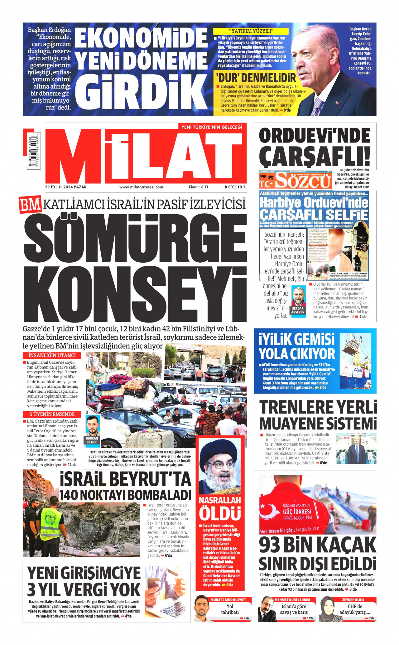 MİLAT gazetesinin 29 Eylül 2024 tarihli birinci sayfası
