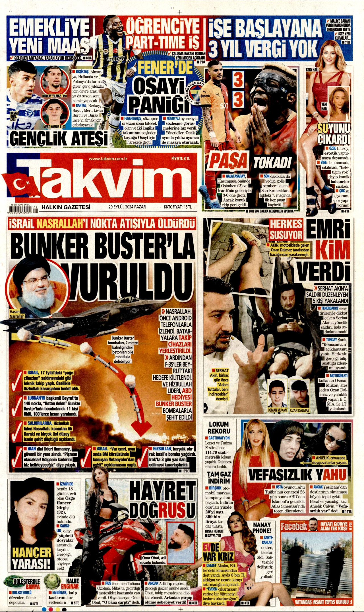 TAKVİM gazetesinin 29 Eylül 2024 tarihli birinci sayfası