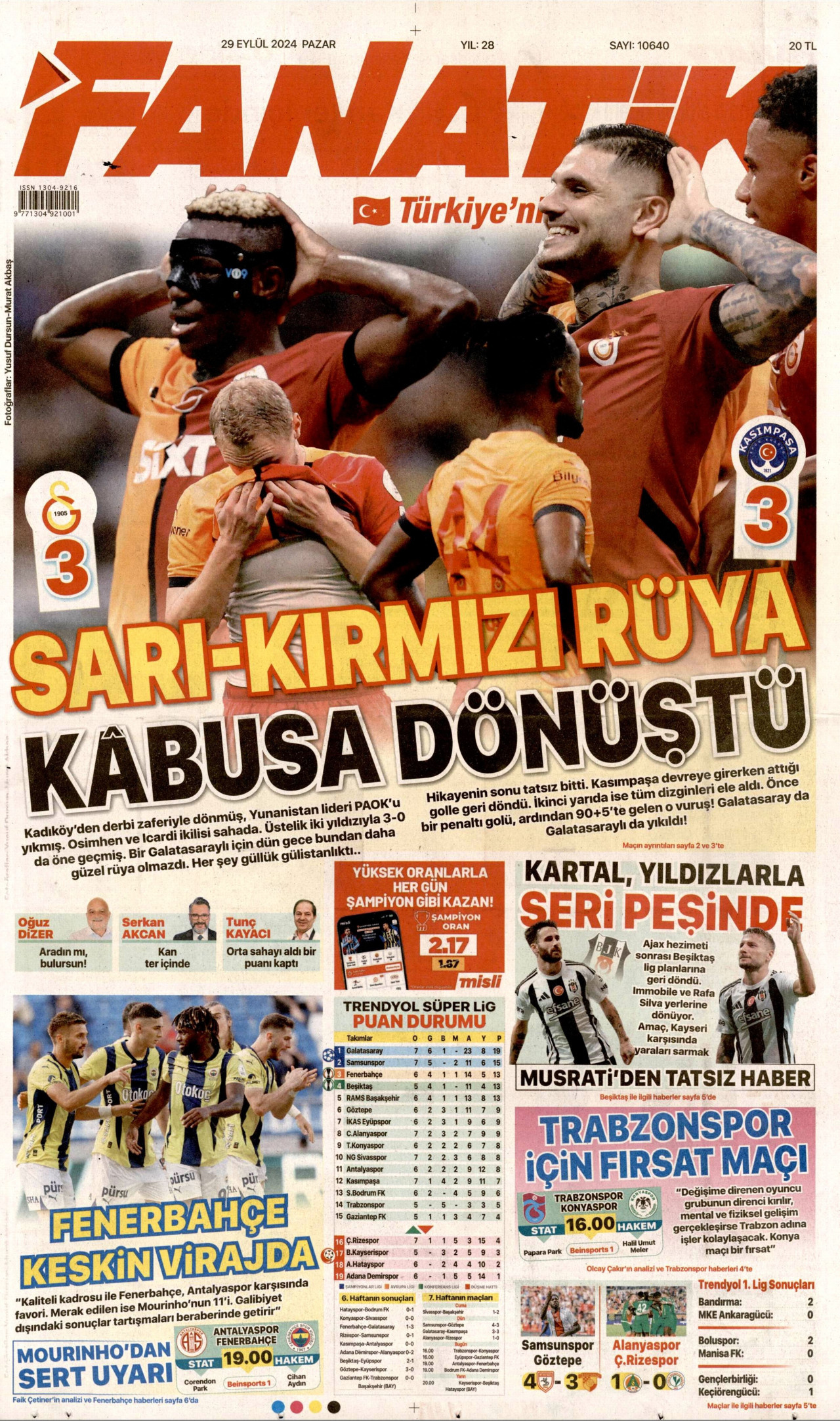 FANATİK gazetesinin 29 Eylül 2024 tarihli birinci sayfası