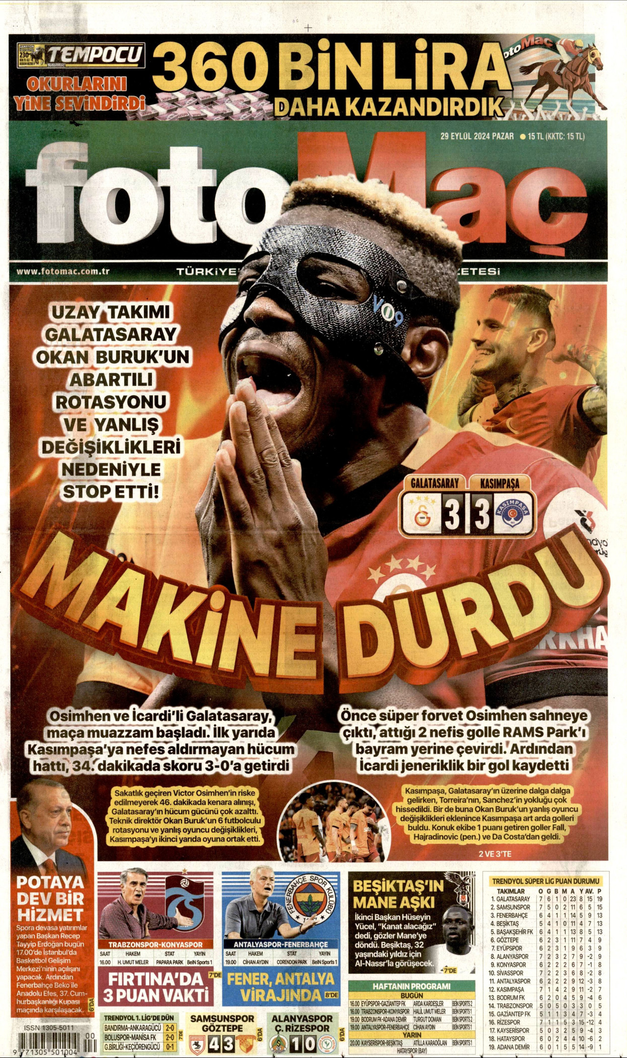 FOTOMAÇ gazetesinin 29 Eylül 2024 tarihli birinci sayfası