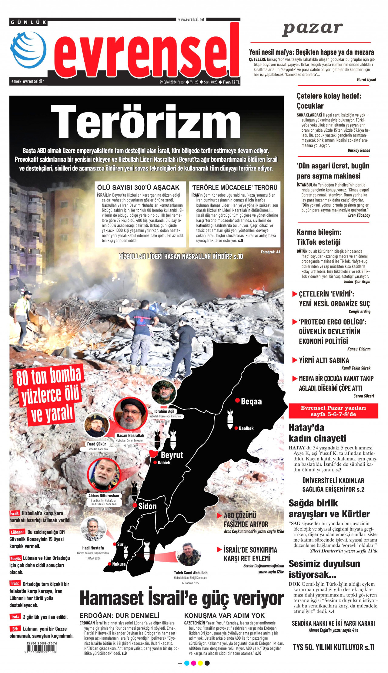 EVRENSEL gazetesinin 29 Eylül 2024 tarihli birinci sayfası