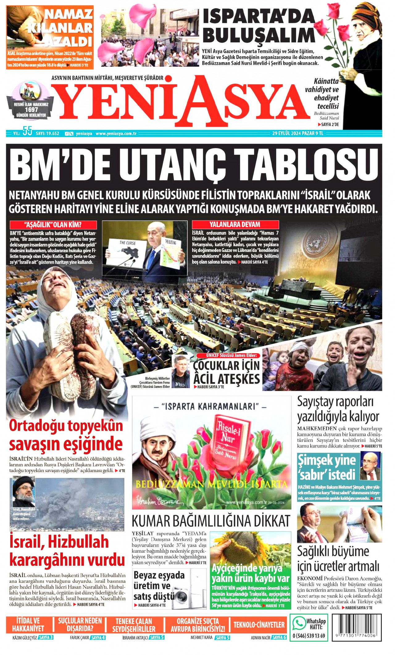 YENİ ASYA gazetesinin 29 Eylül 2024 tarihli birinci sayfası