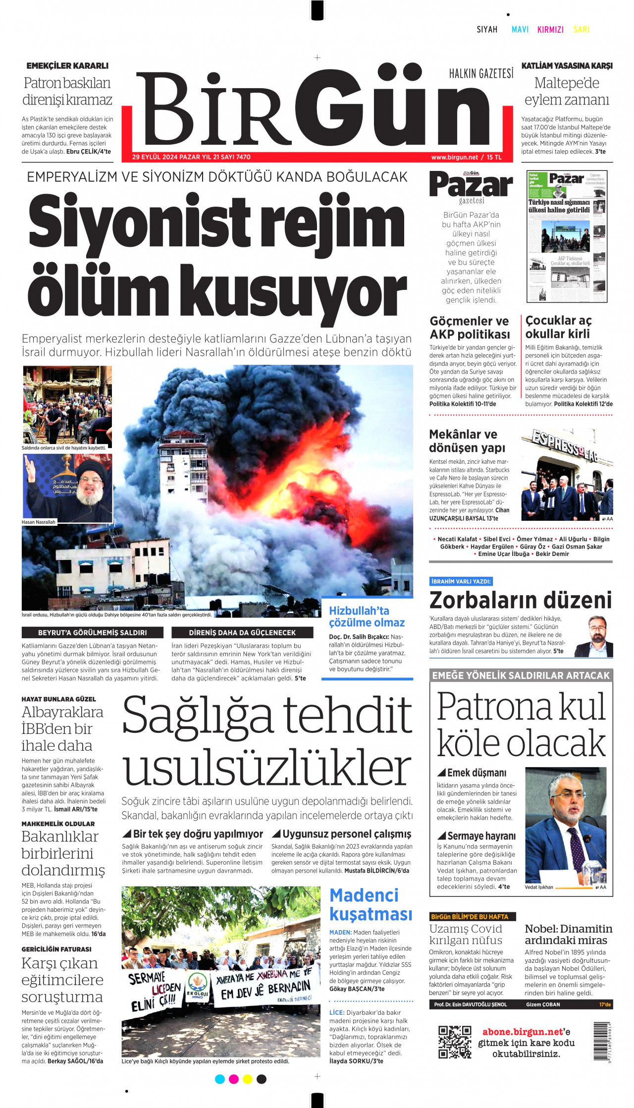 BİRGÜN gazetesinin 29 Eylül 2024 tarihli birinci sayfası