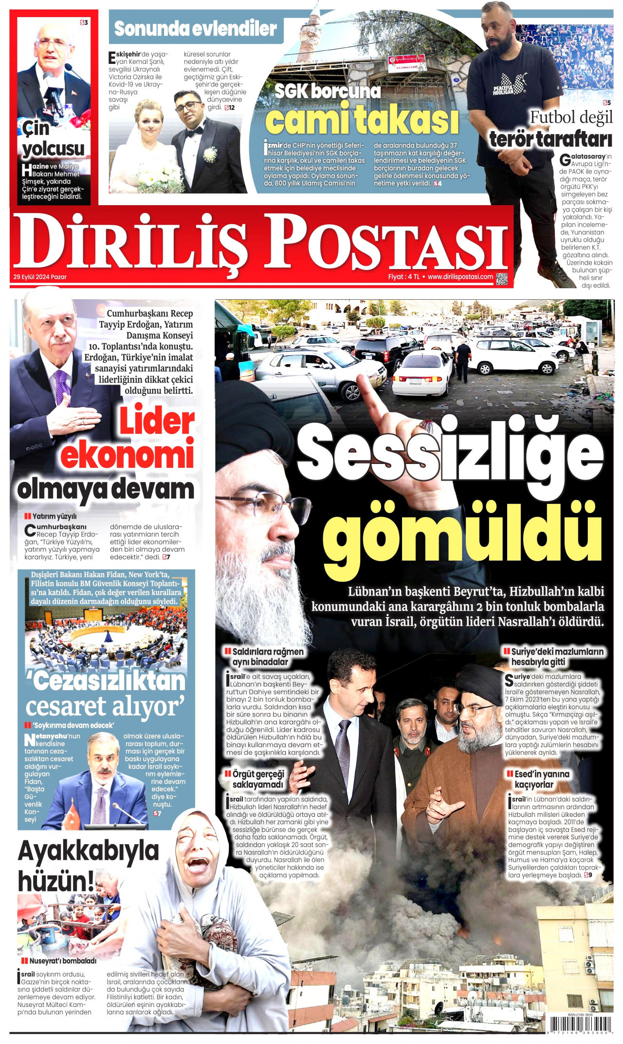 DİRİLİŞ POSTASI gazetesinin 29 Eylül 2024 tarihli birinci sayfası