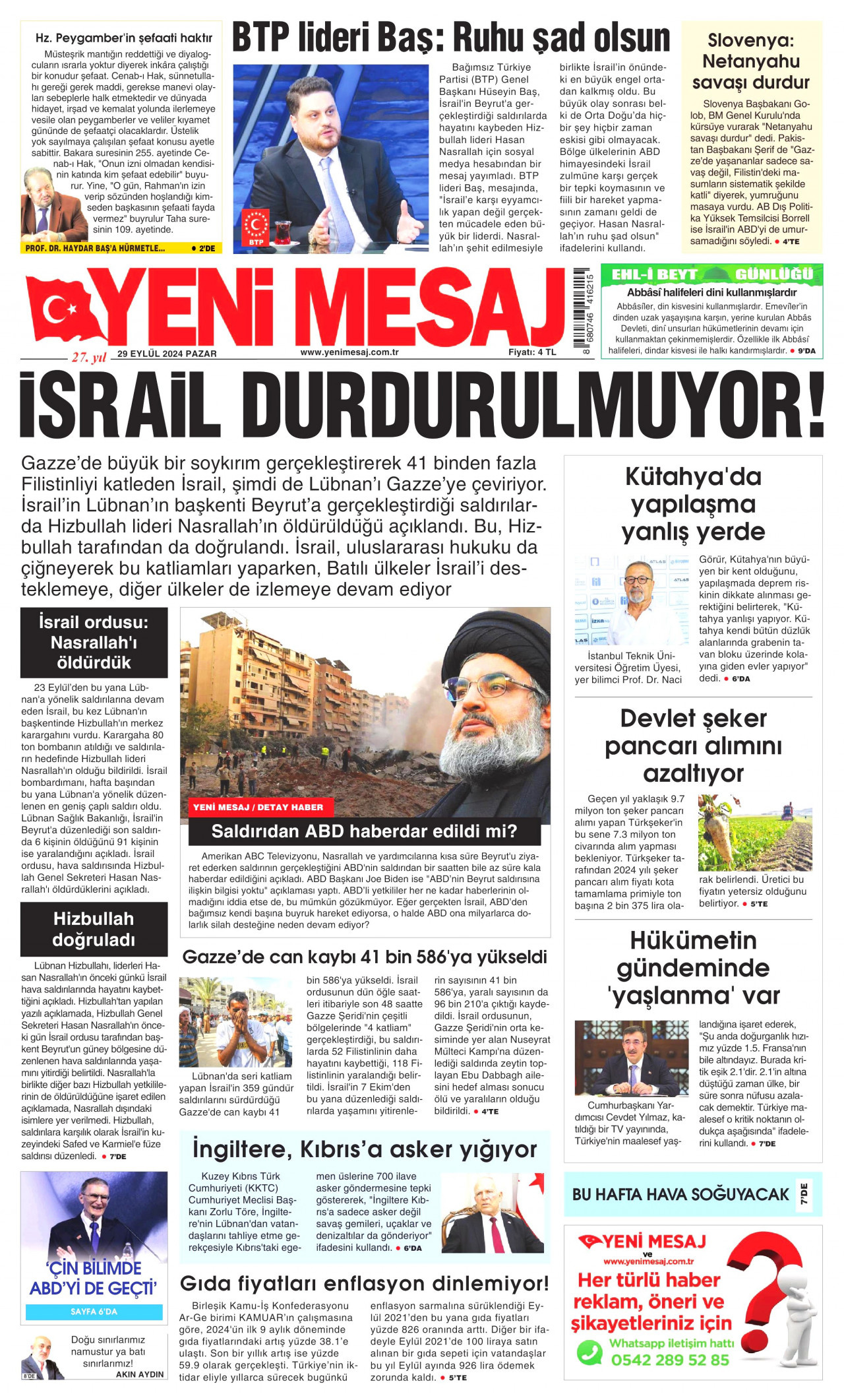 YENİ MESAJ gazetesinin 29 Eylül 2024 tarihli birinci sayfası
