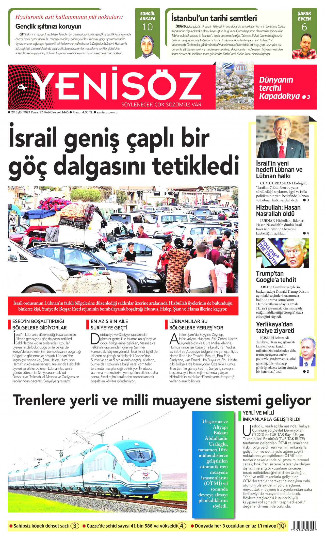 YENİ SÖZ GAZETESİ gazetesinin 29 Eylül 2024 tarihli birinci sayfası