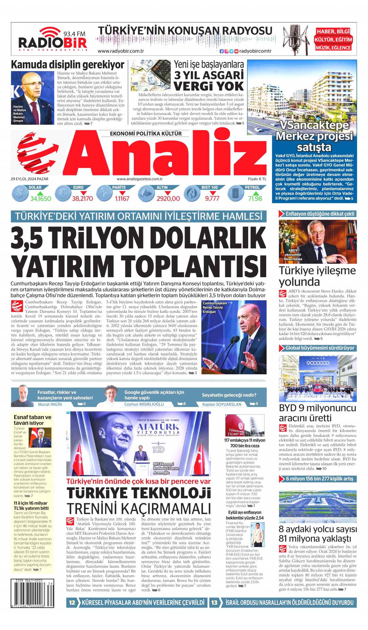 ANALİZ gazetesinin 29 Eylül 2024 tarihli birinci sayfası