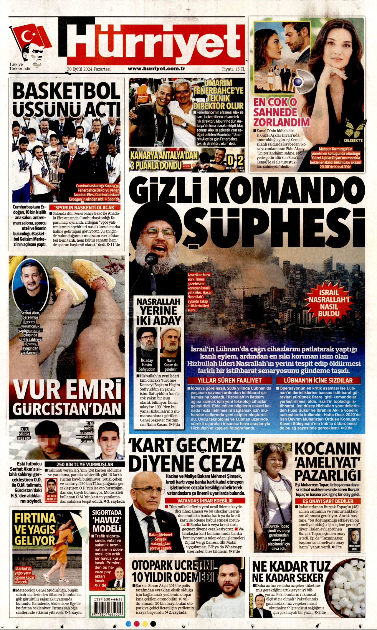 HÜRRİYET gazetesinin 30 Eylül 2024 tarihli birinci sayfası