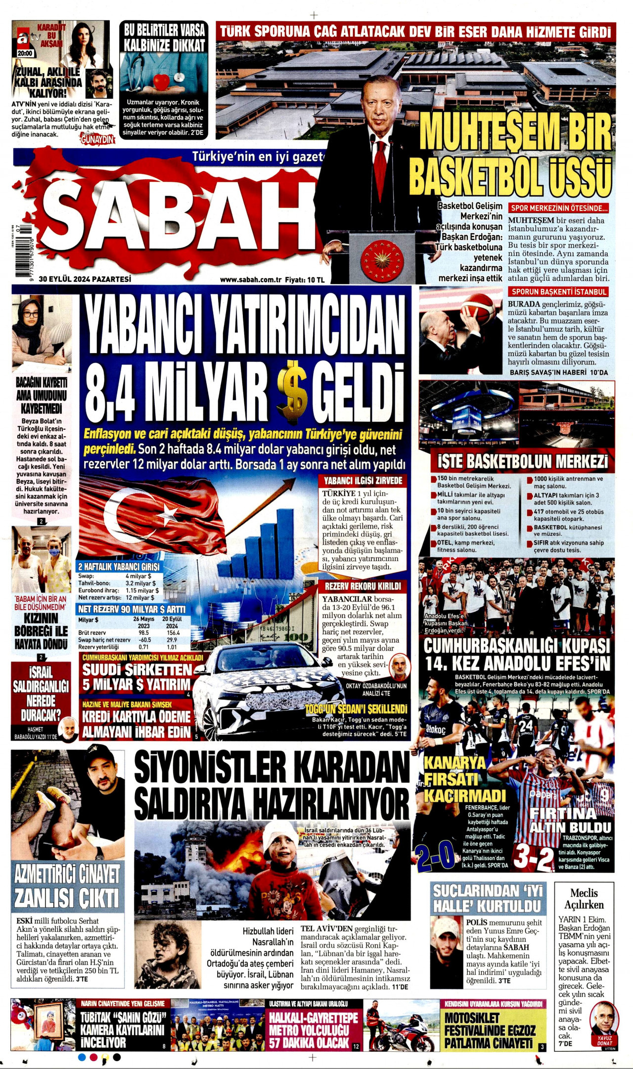 SABAH gazetesinin 30 Eylül 2024 tarihli birinci sayfası