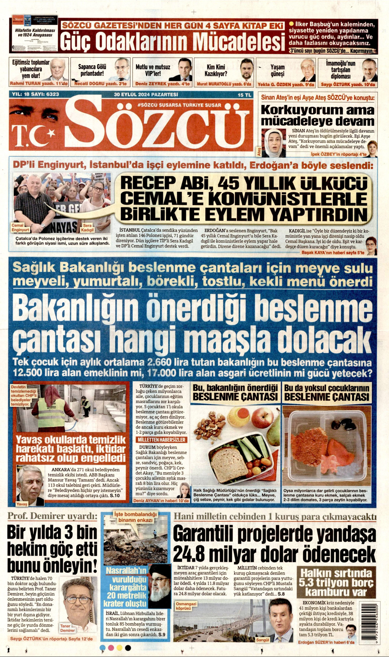 SÖZCÜ gazetesinin 30 Eylül 2024 tarihli birinci sayfası