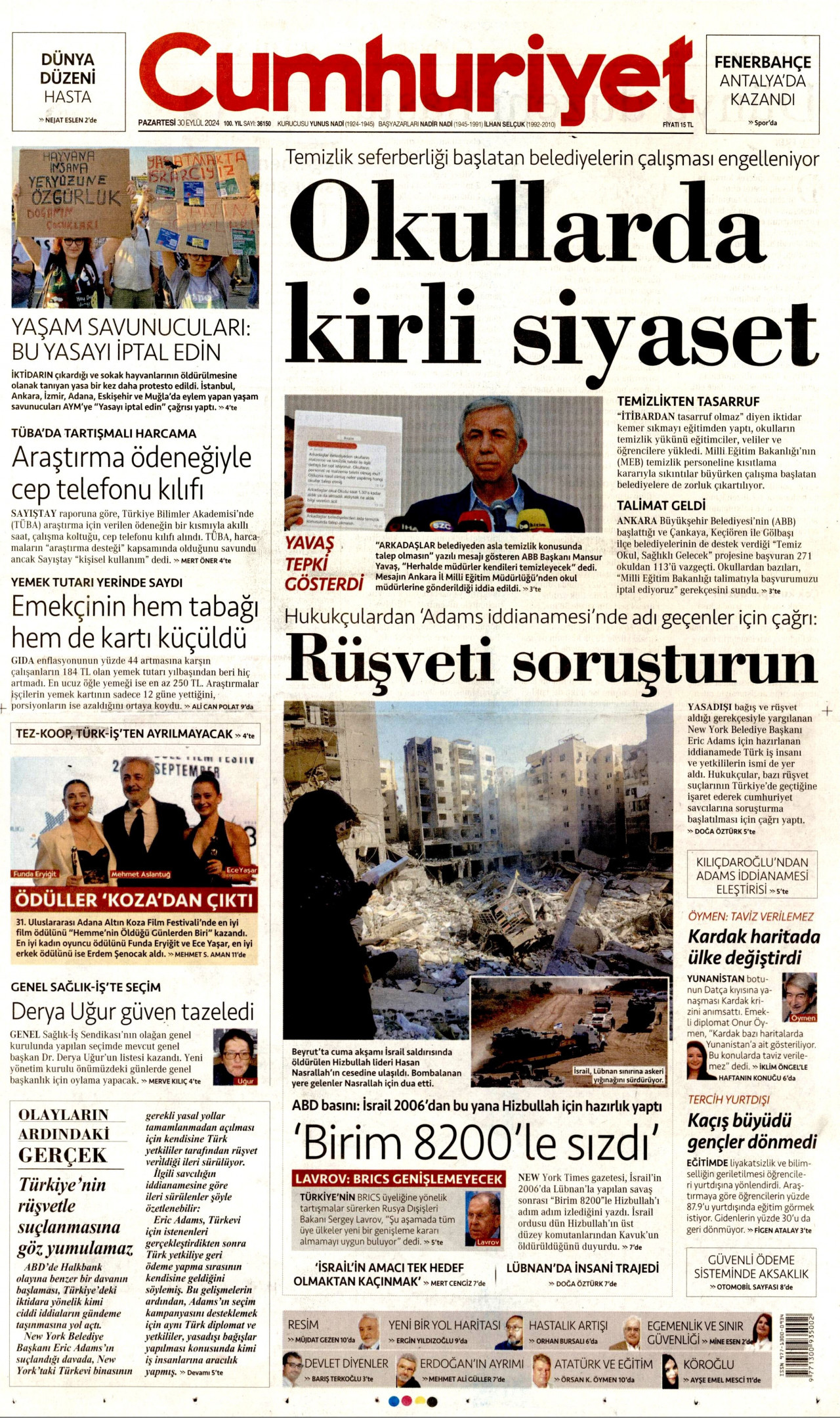 CUMHURİYET gazetesinin 30 Eylül 2024 tarihli birinci sayfası