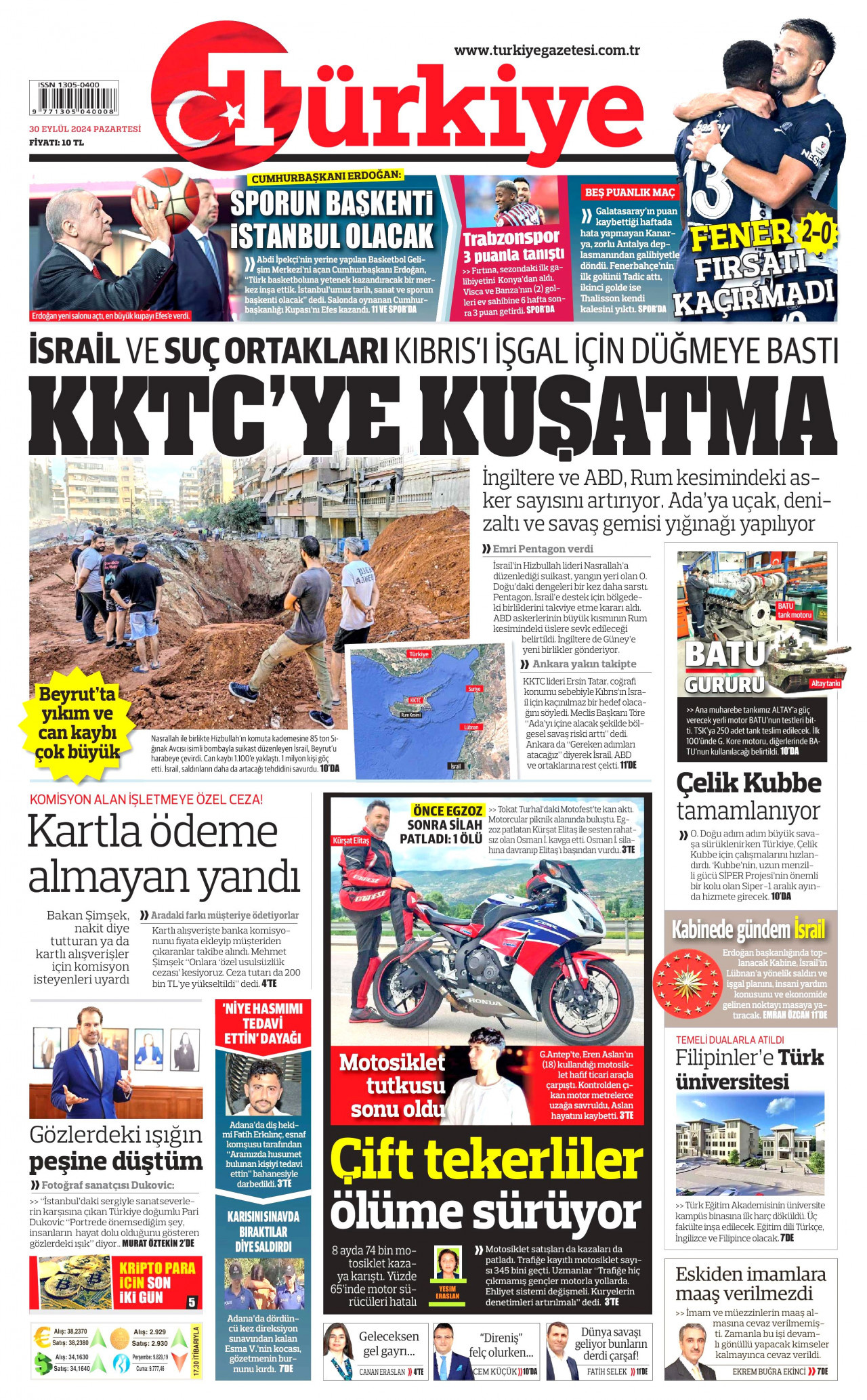 TÜRKİYE GAZETESİ gazetesinin 30 Eylül 2024 tarihli birinci sayfası