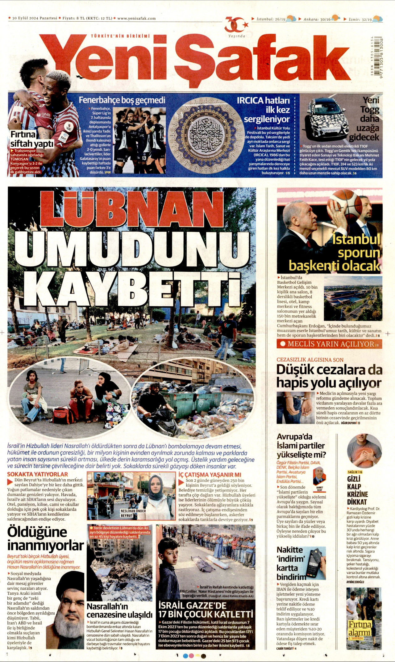 YENİ ŞAFAK gazetesinin 30 Eylül 2024 tarihli birinci sayfası