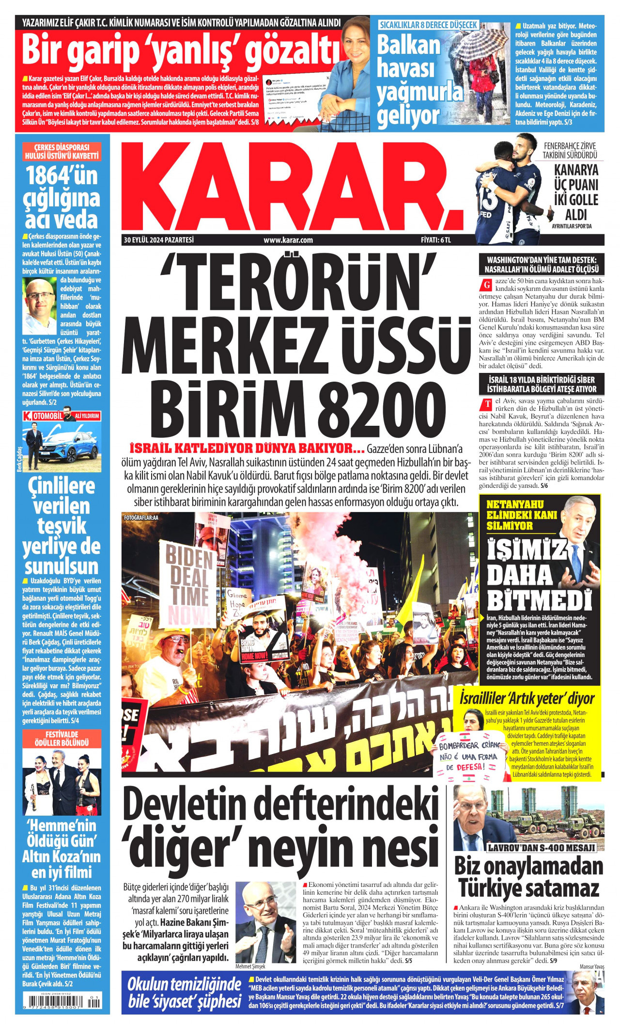 KARAR gazetesinin 30 Eylül 2024 tarihli birinci sayfası