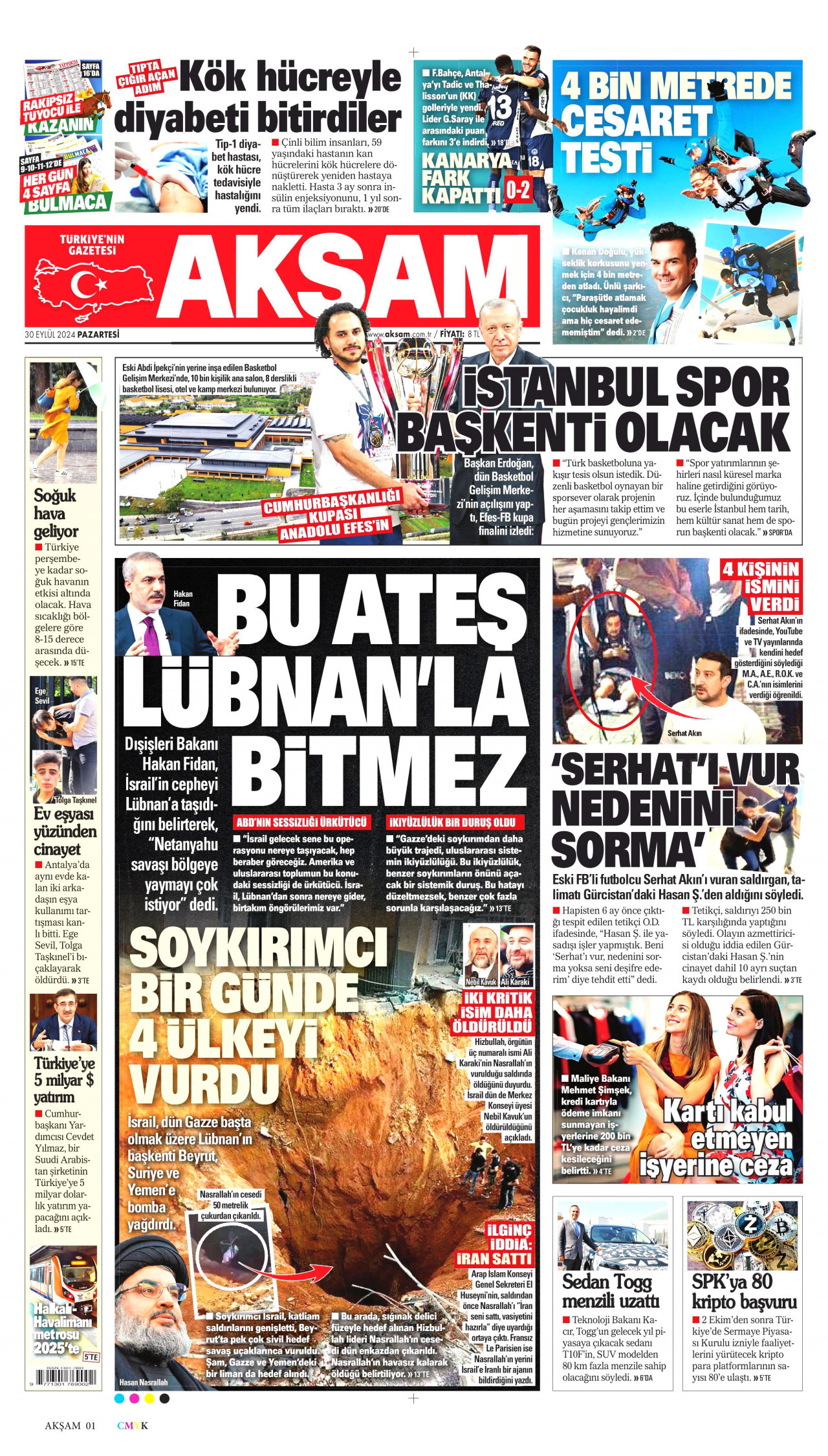 AKŞAM gazetesinin 30 Eylül 2024 tarihli birinci sayfası