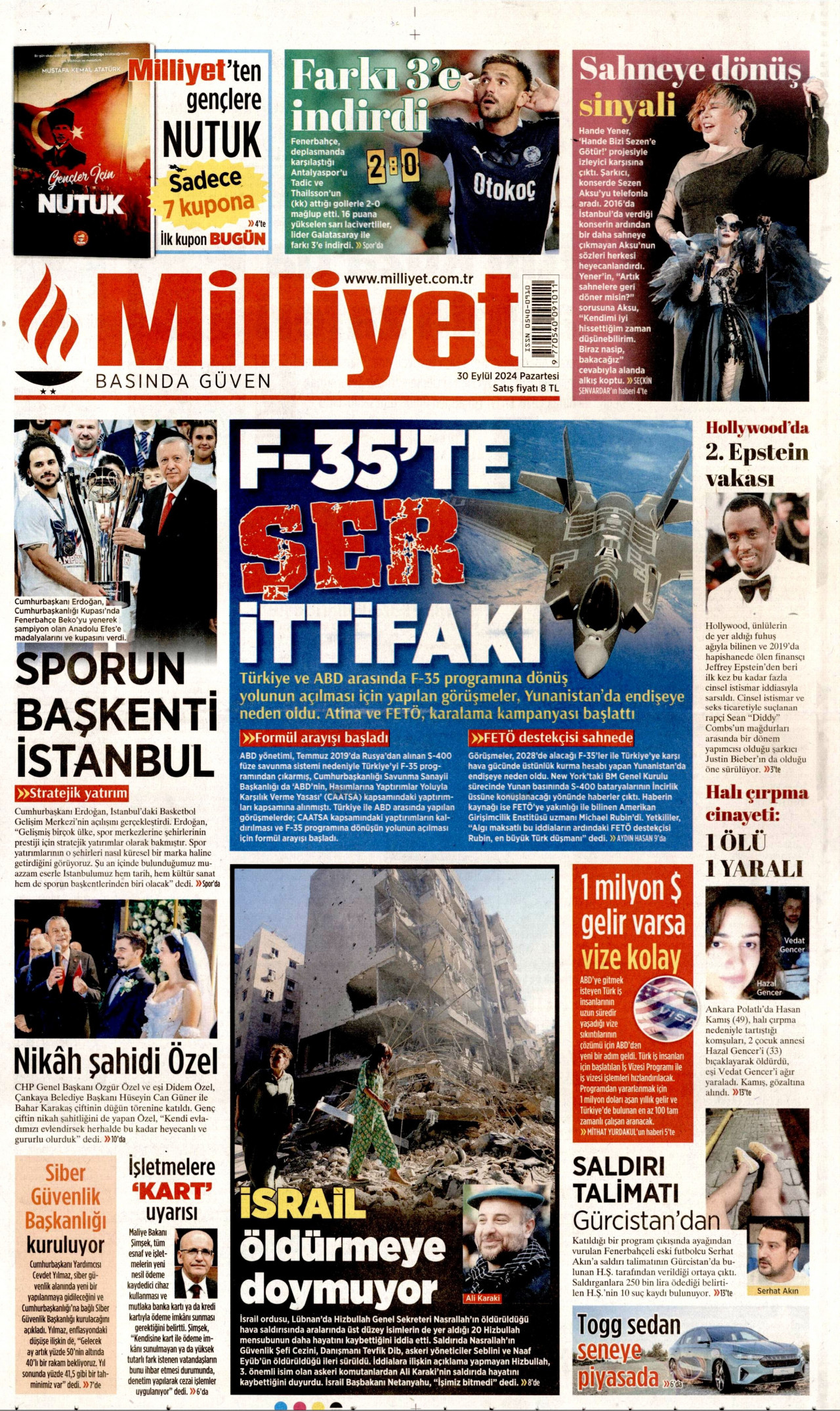 MİLLİYET gazetesinin 30 Eylül 2024 tarihli birinci sayfası