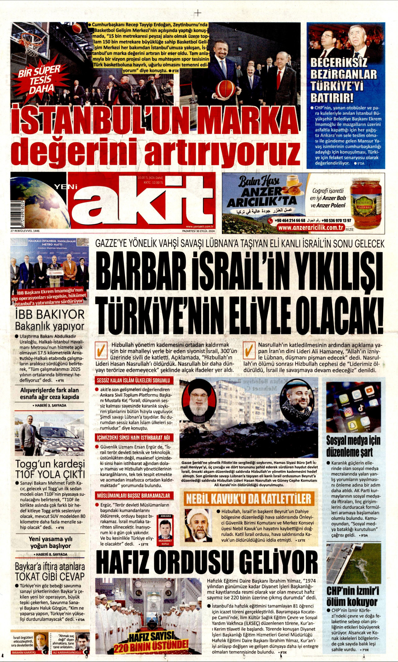 YENİ AKİT gazetesinin 30 Eylül 2024 tarihli birinci sayfası