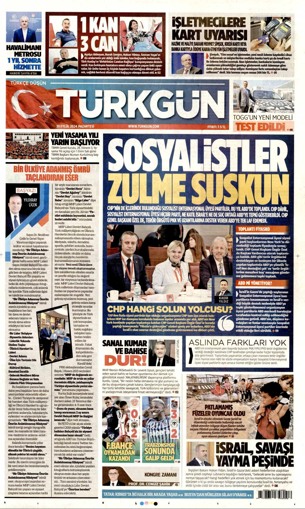 TÜRKGÜN gazetesinin 30 Eylül 2024 tarihli birinci sayfası