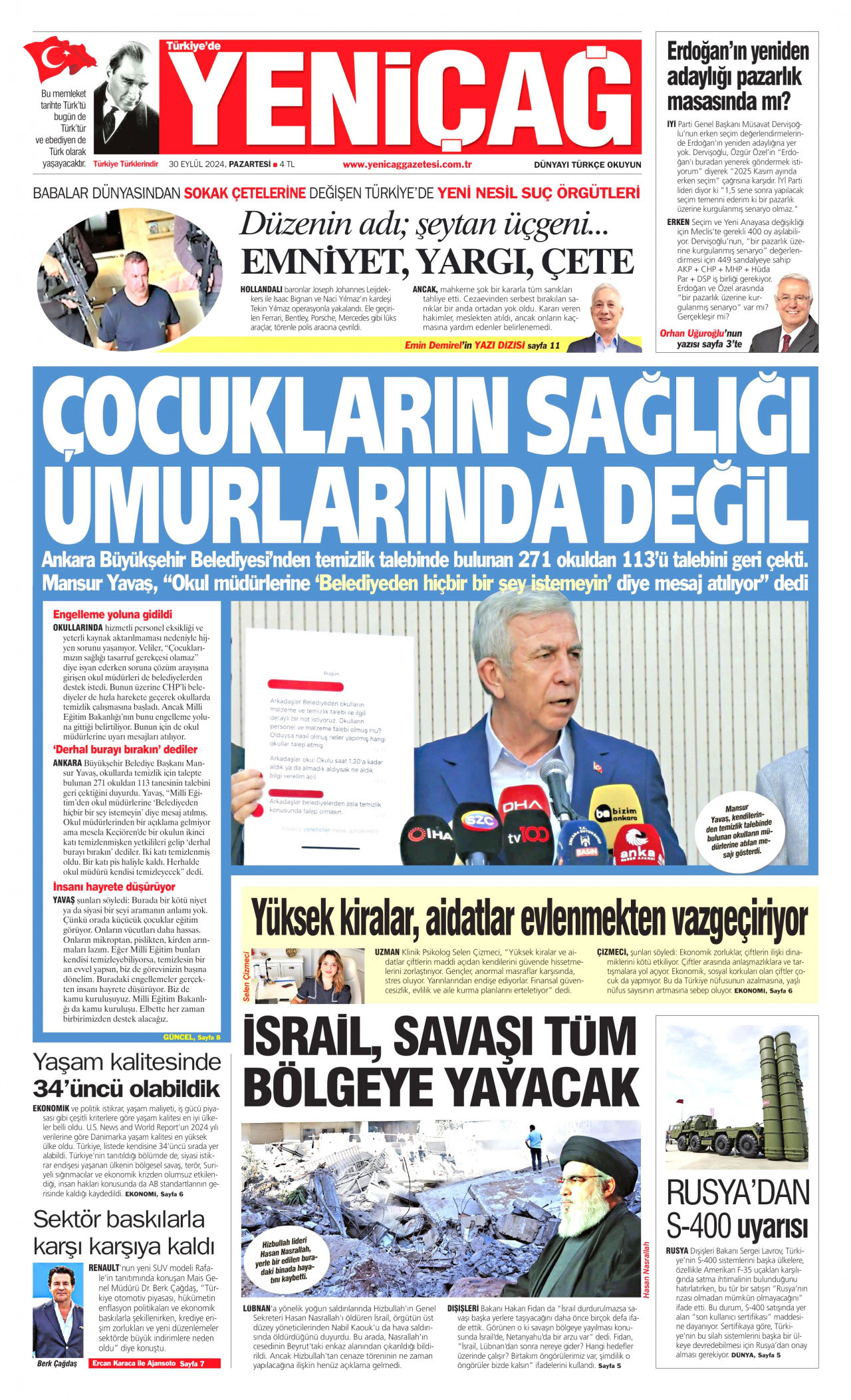 YENİÇAĞ gazetesinin 30 Eylül 2024 tarihli birinci sayfası
