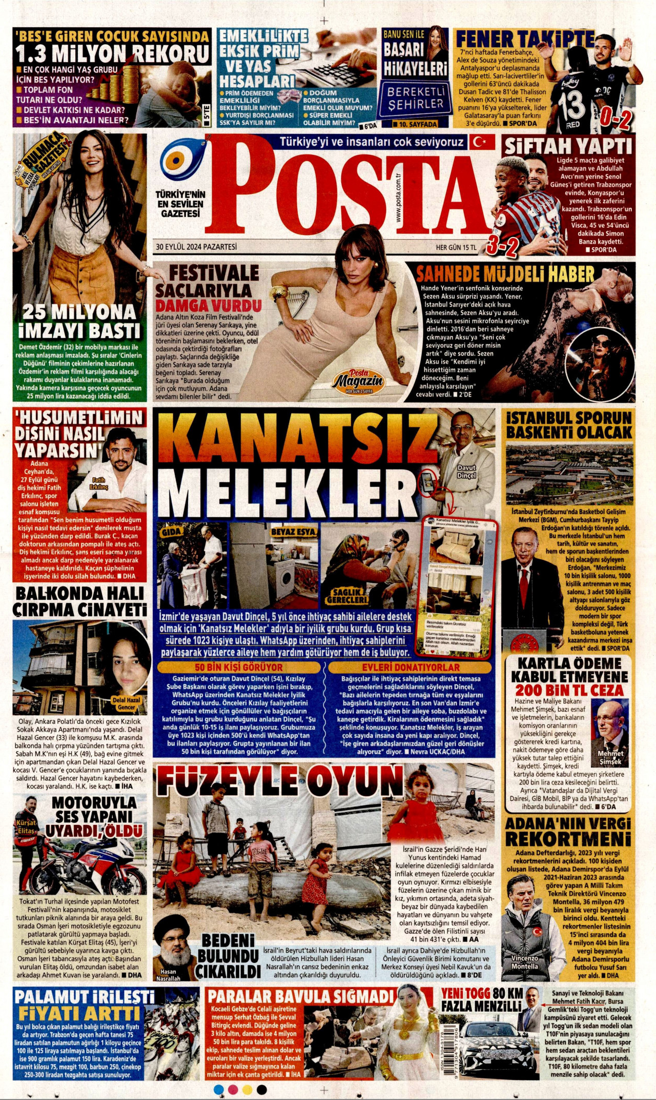 POSTA gazetesinin 30 Eylül 2024 tarihli birinci sayfası