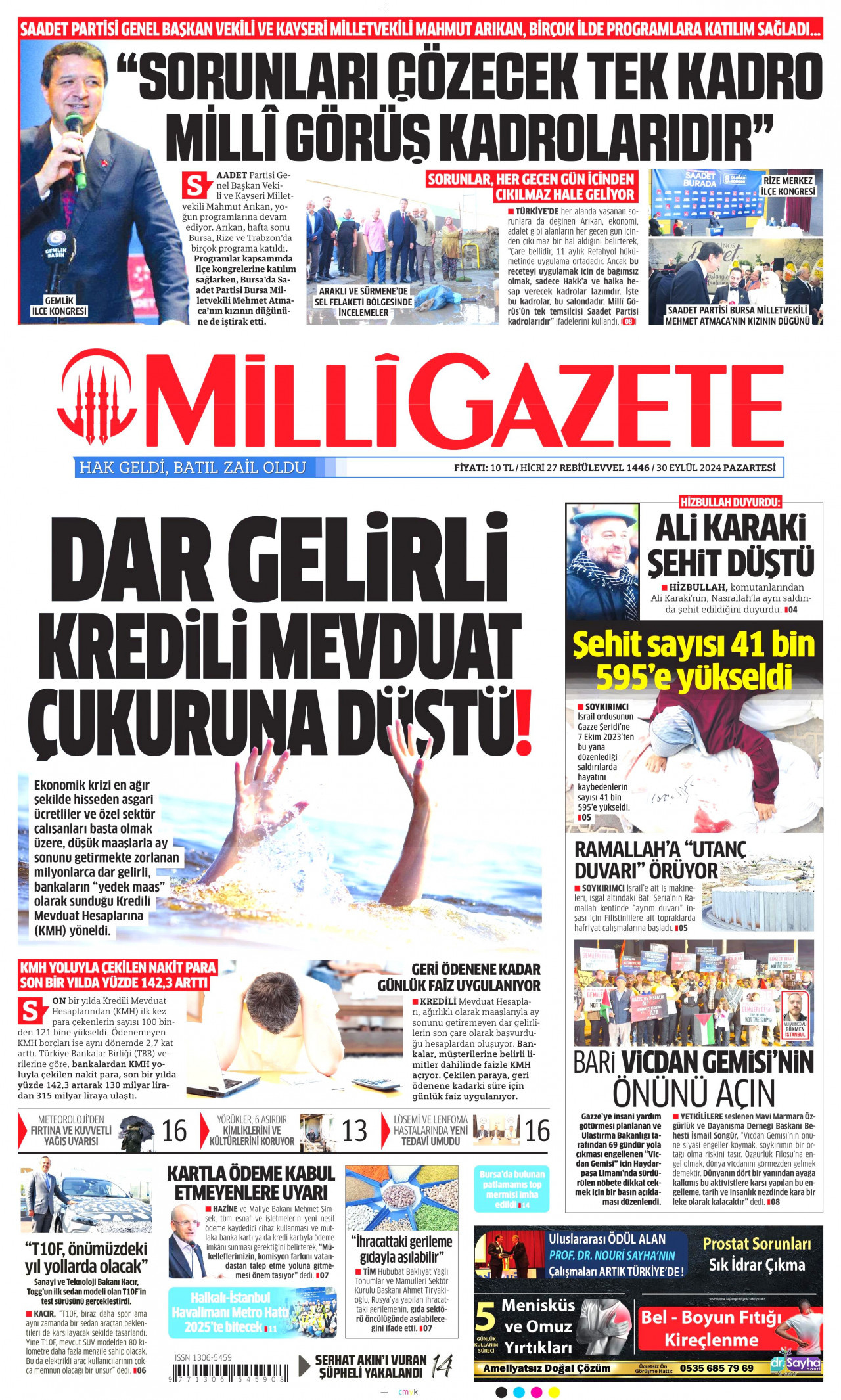 MİLLİ GAZETE gazetesinin 30 Eylül 2024 tarihli birinci sayfası