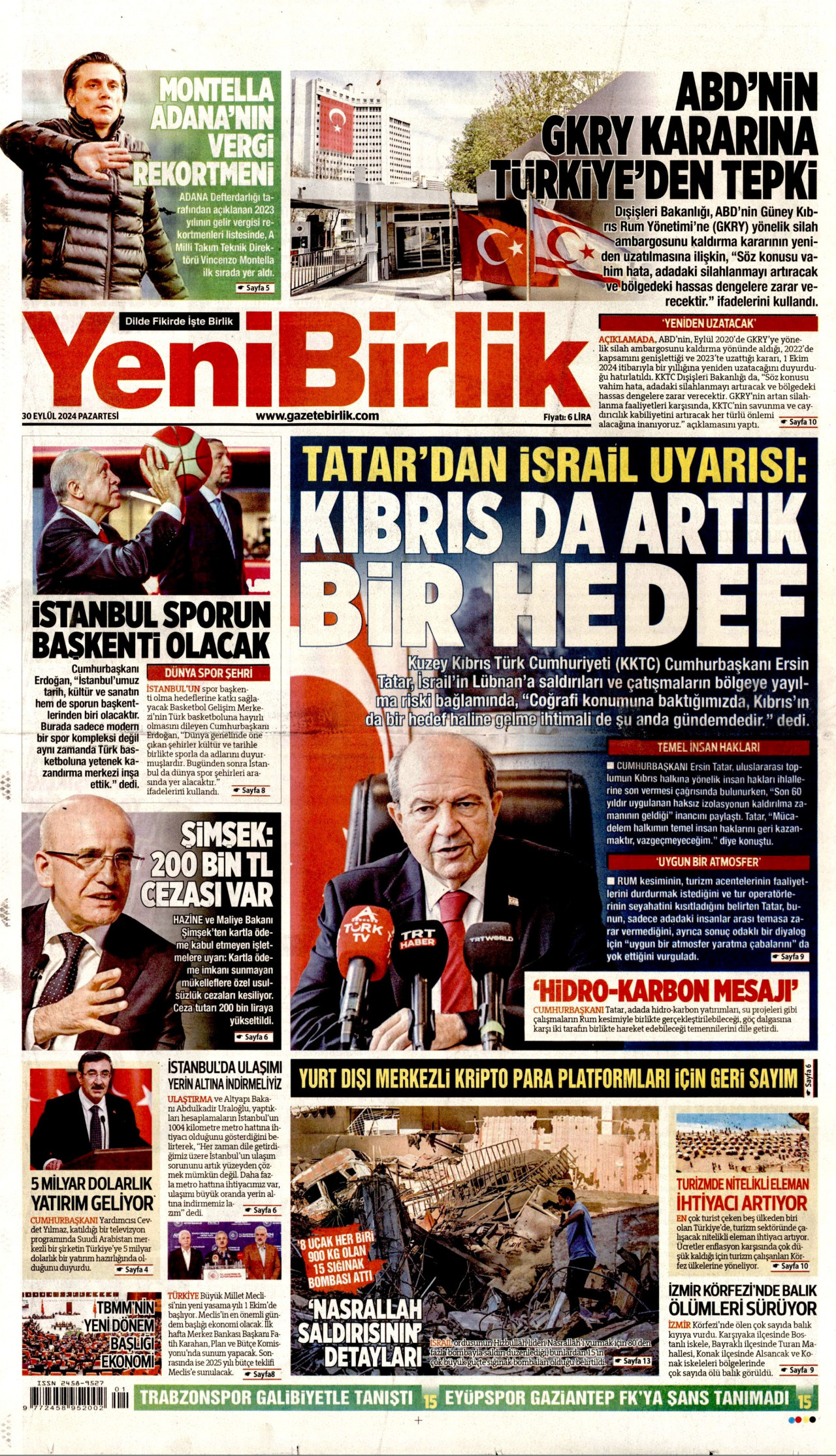 YENİBİRLİK gazetesinin 30 Eylül 2024 tarihli birinci sayfası