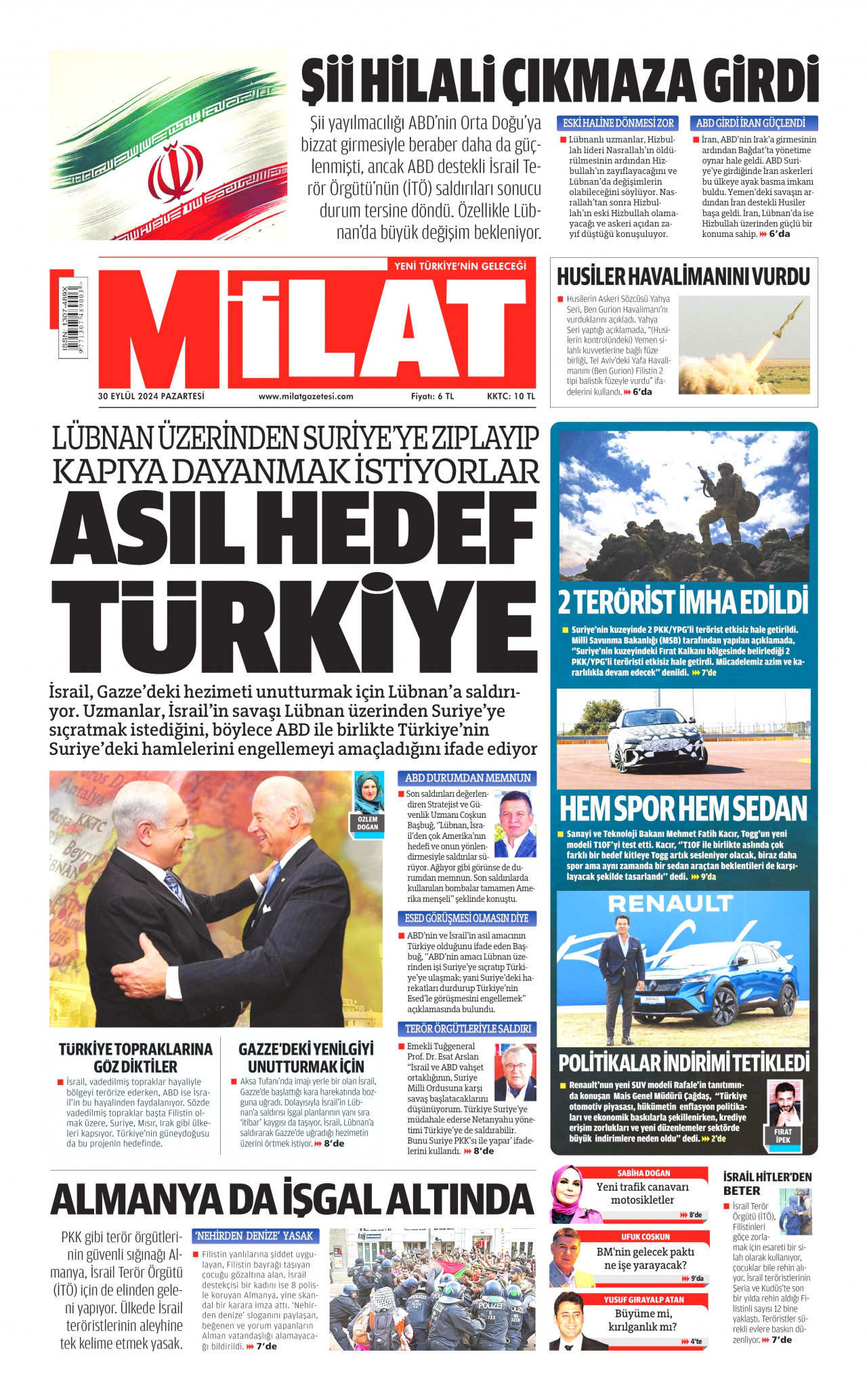 MİLAT gazetesinin 30 Eylül 2024 tarihli birinci sayfası