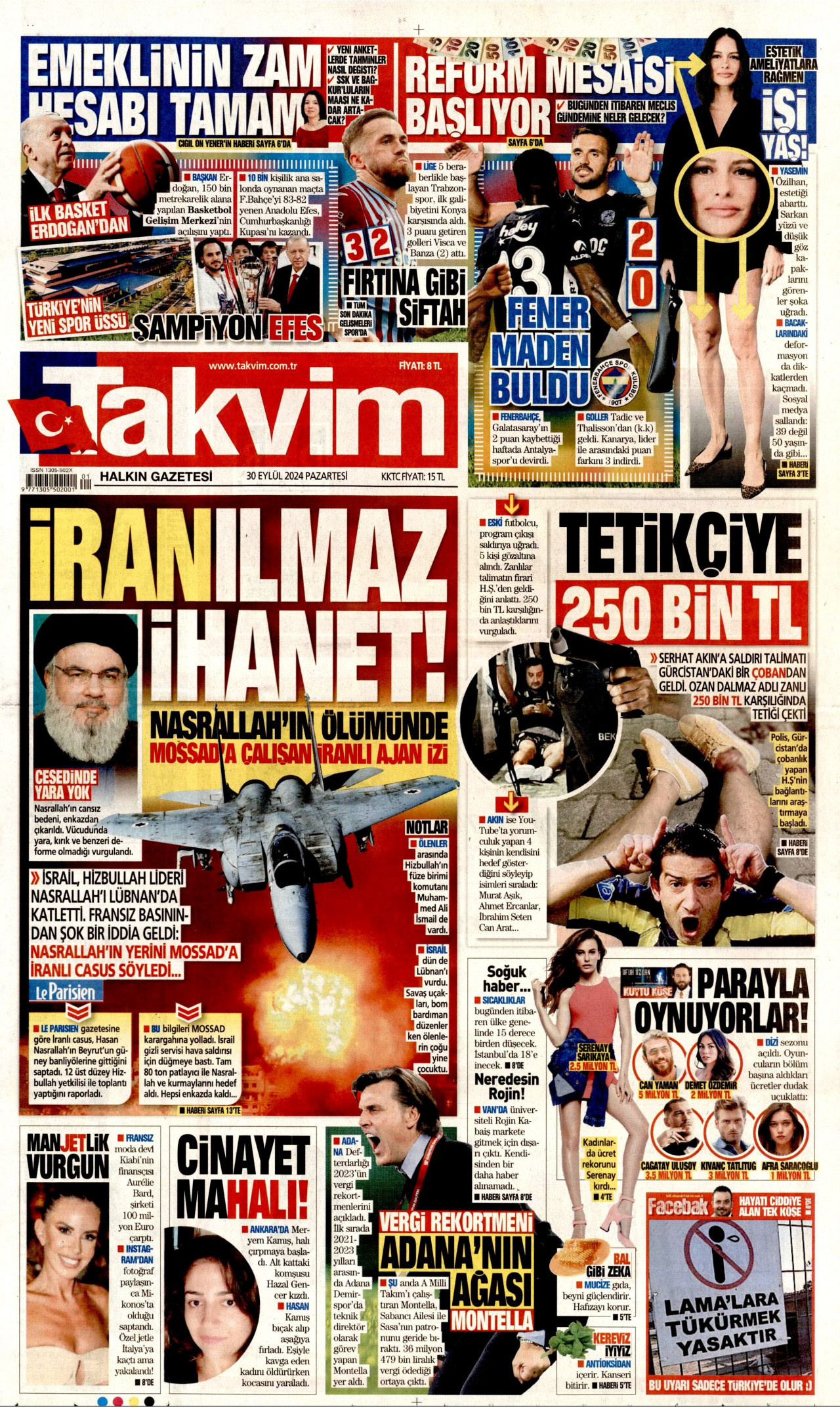 TAKVİM gazetesinin 30 Eylül 2024 tarihli birinci sayfası