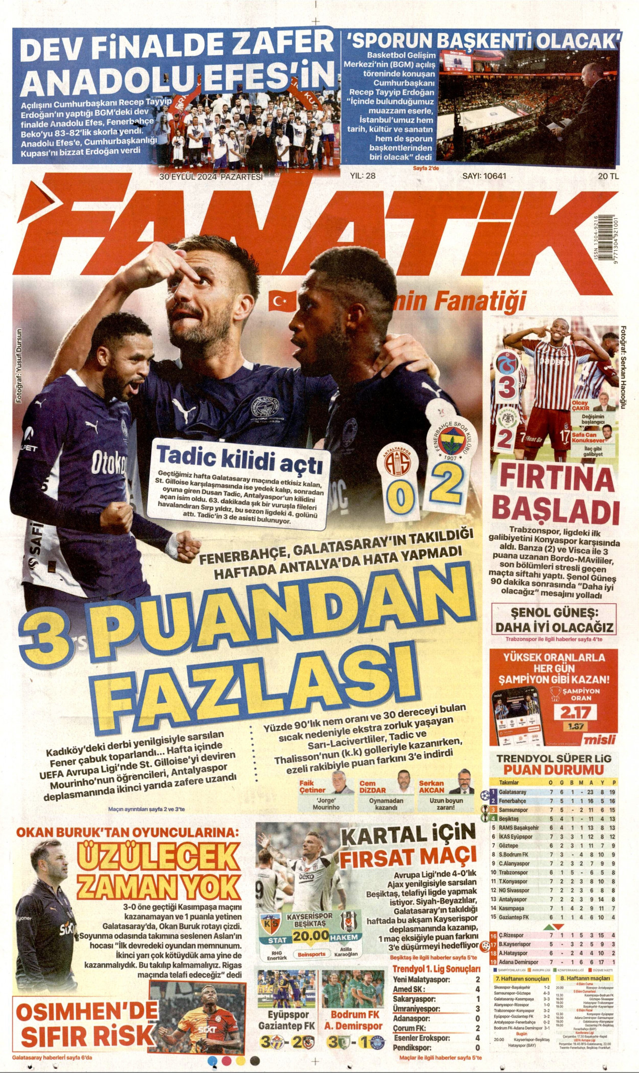 FANATİK gazetesinin 30 Eylül 2024 tarihli birinci sayfası