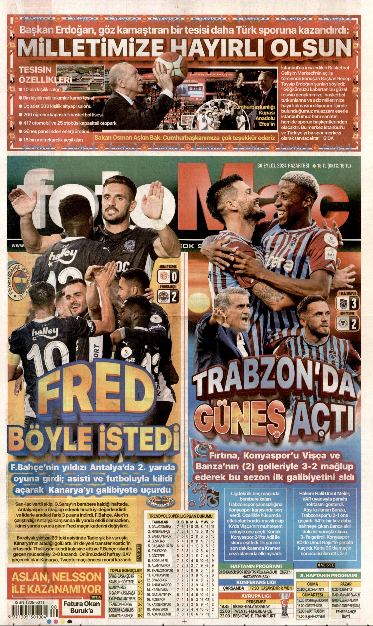 FOTOMAÇ gazetesinin 30 Eylül 2024 tarihli birinci sayfası