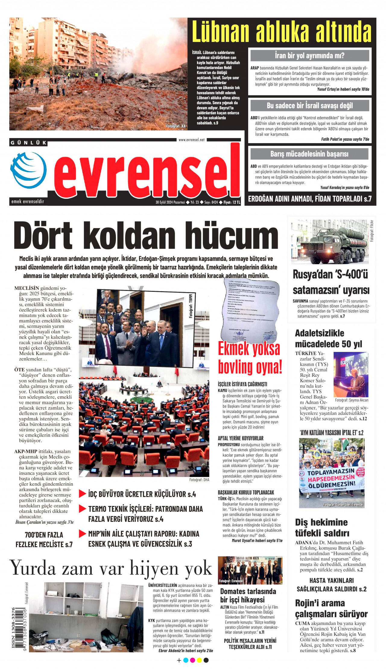 EVRENSEL gazetesinin 30 Eylül 2024 tarihli birinci sayfası