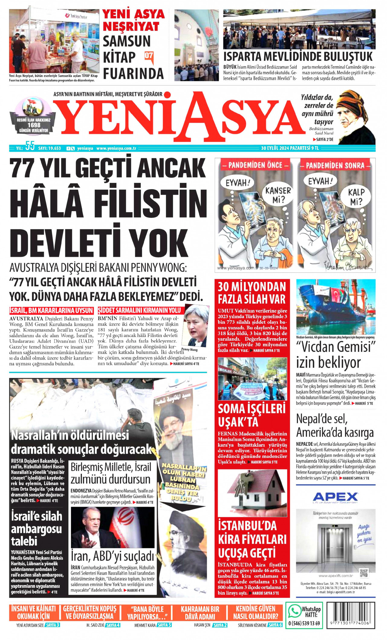 YENİ ASYA gazetesinin 30 Eylül 2024 tarihli birinci sayfası