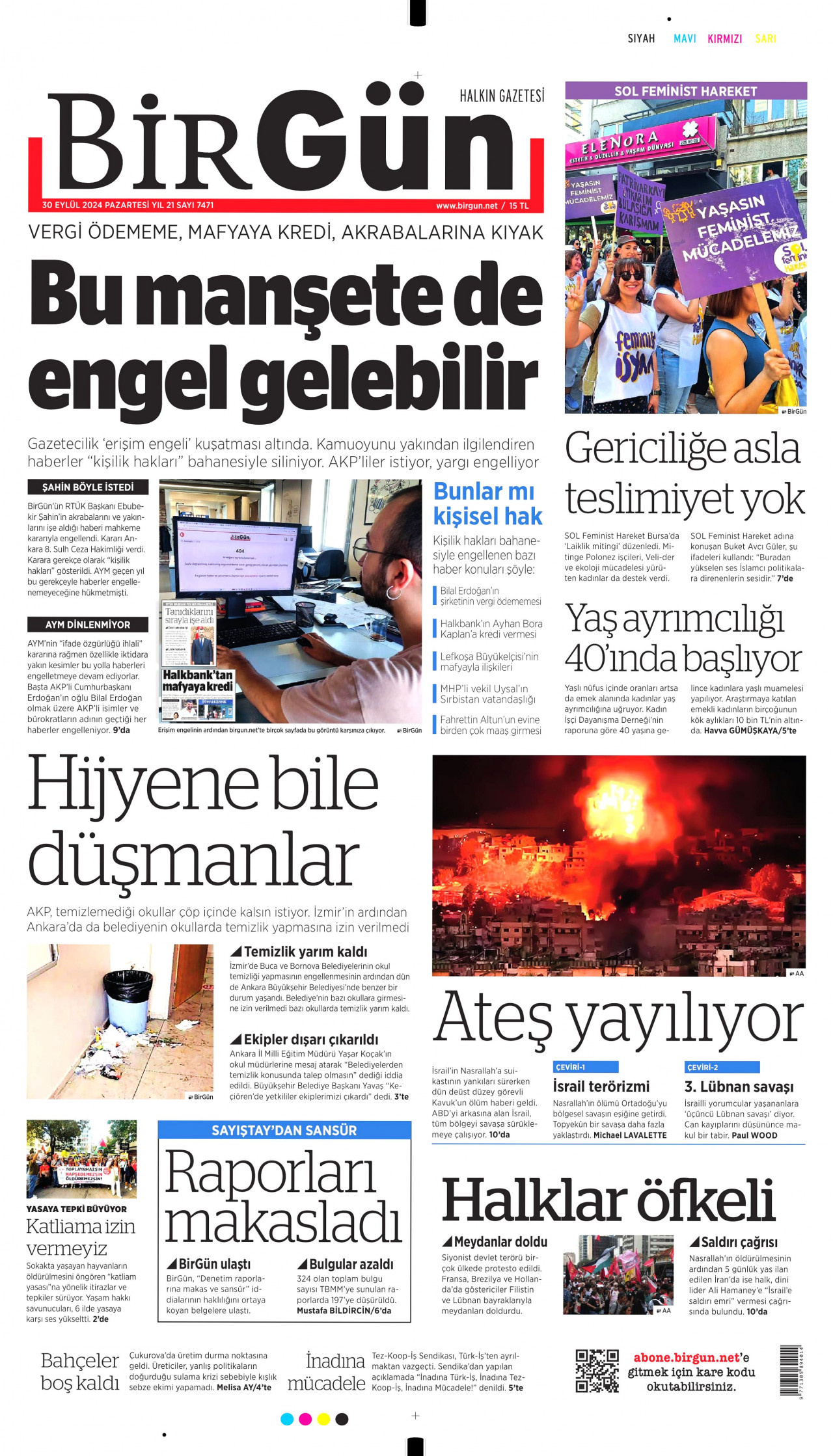 BİRGÜN gazetesinin 30 Eylül 2024 tarihli birinci sayfası