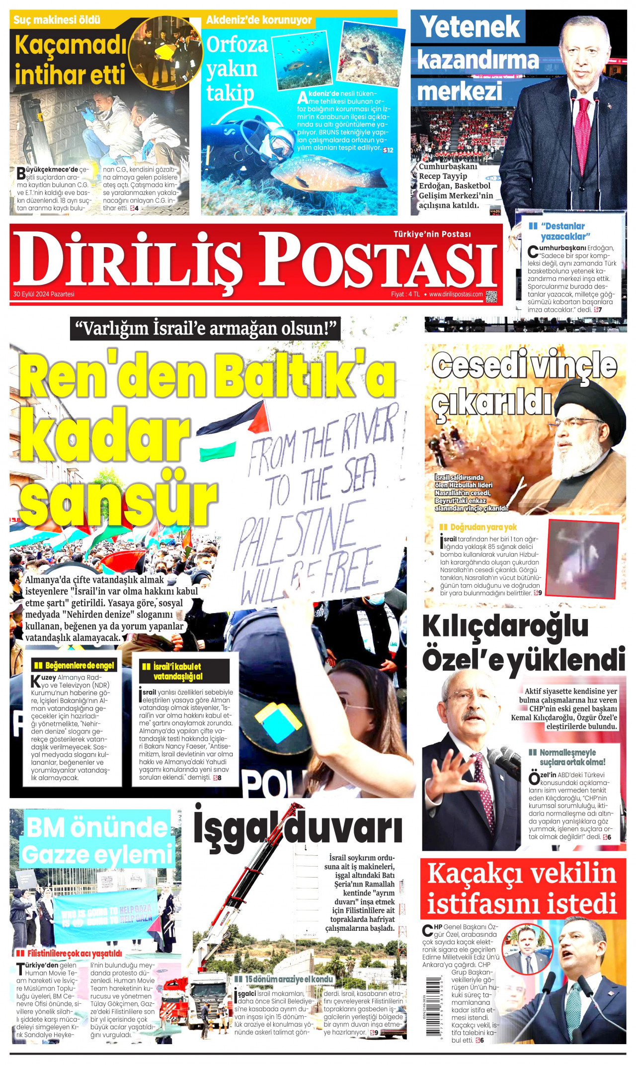 DİRİLİŞ POSTASI gazetesinin 30 Eylül 2024 tarihli birinci sayfası